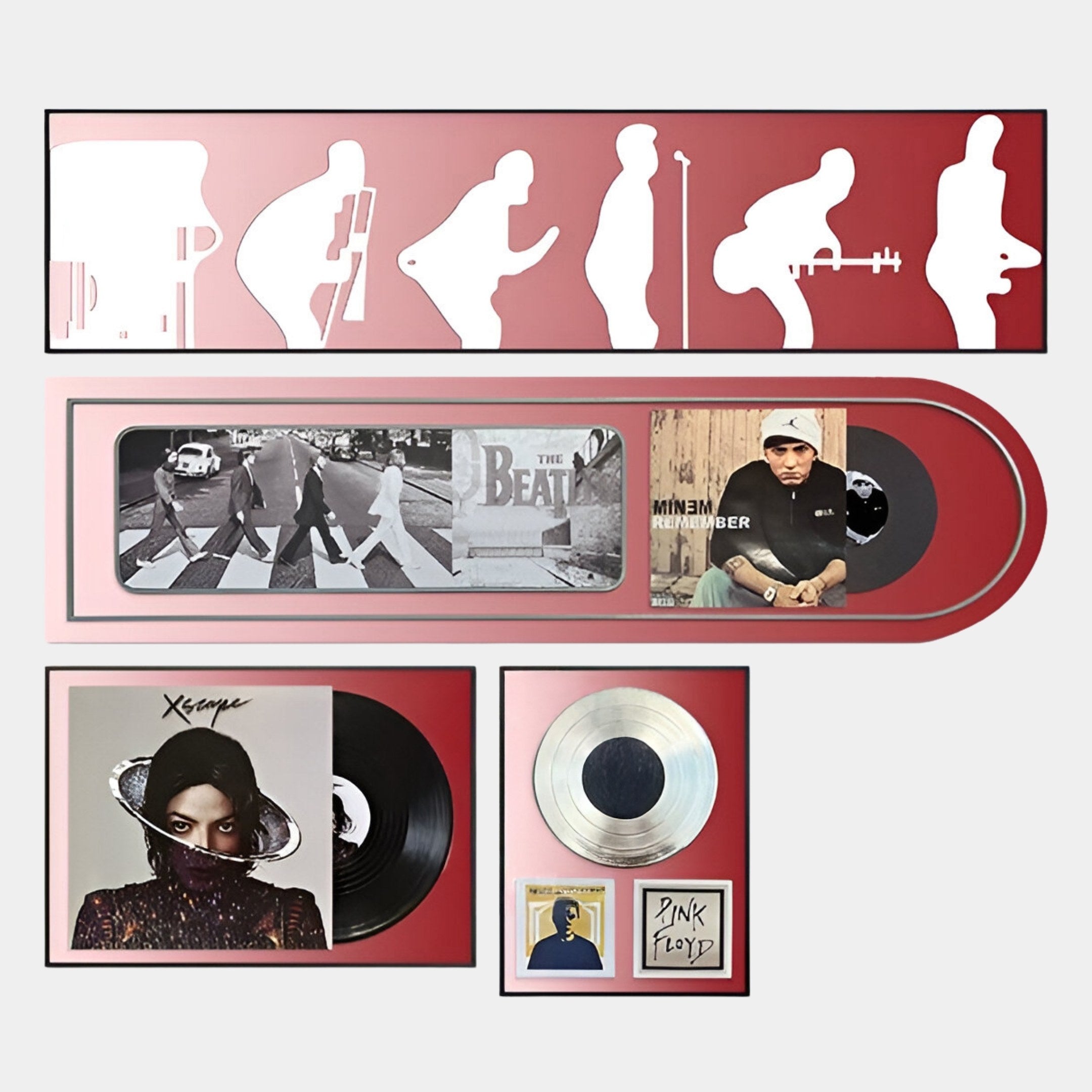 The Giant Sculptures Sonarta Red Multi-Panel Record & Silhouette Wall Art displays framed records, musician silhouettes, iconic albums like Abbey Road, Eminem, Beyoncé, Pink Floyd, and vintage vinyl for stylish music-themed decor.