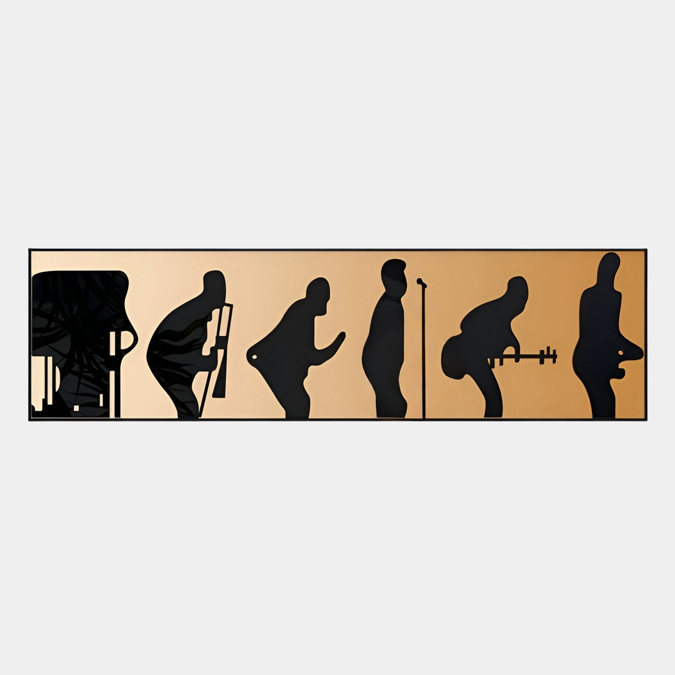 The Sonarta Gold Silhouette Evolution Record Wall Art by Giant Sculptures features black silhouettes evolving from ape to musician with a microphone and guitar, set against a gold background—ideal modern décor.