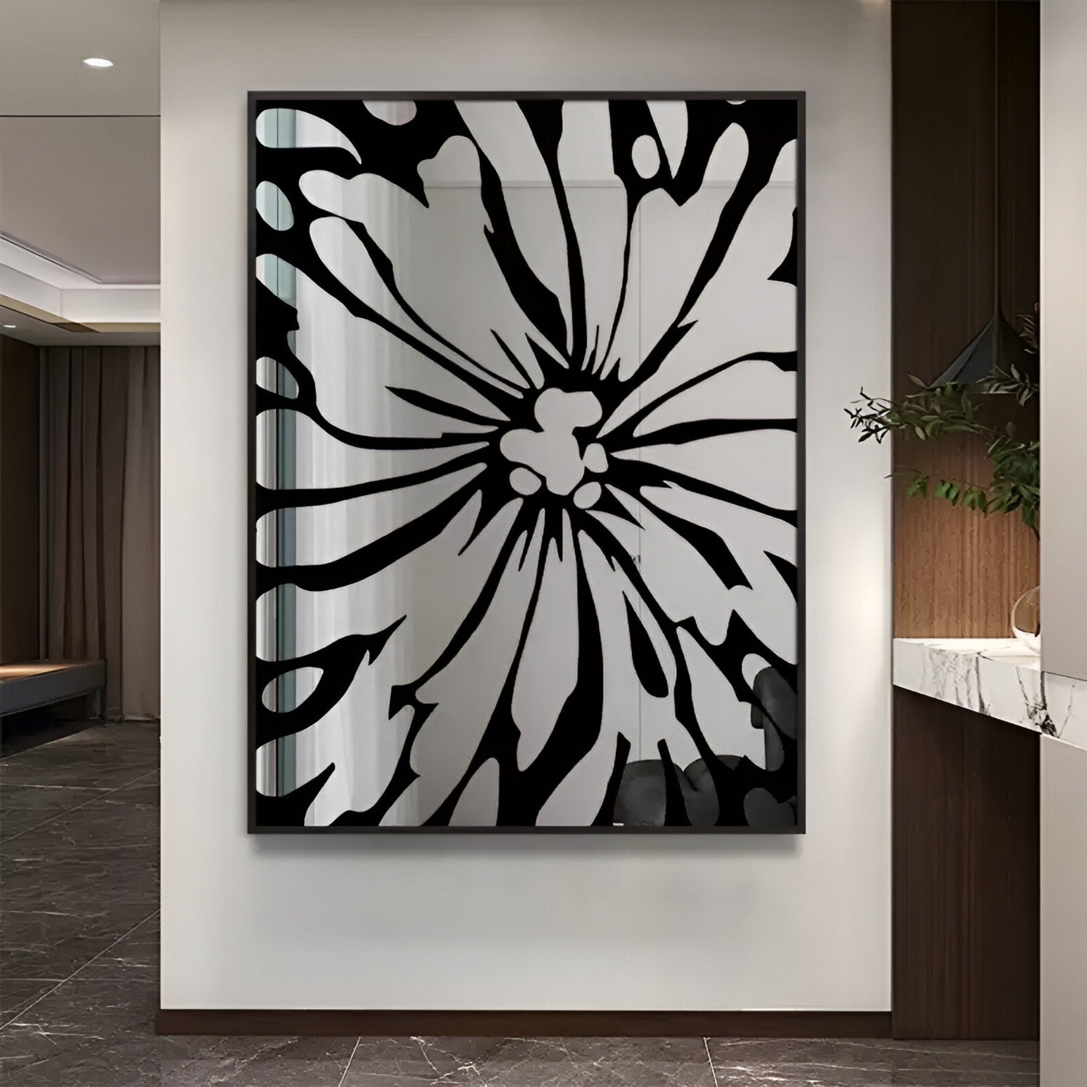 The Floristra I Petal Bloom Silver Mirror 3D Wall Art by Giant Sculptures hangs on a white wall in a modern interior with dark floor tiles and contemporary decor.