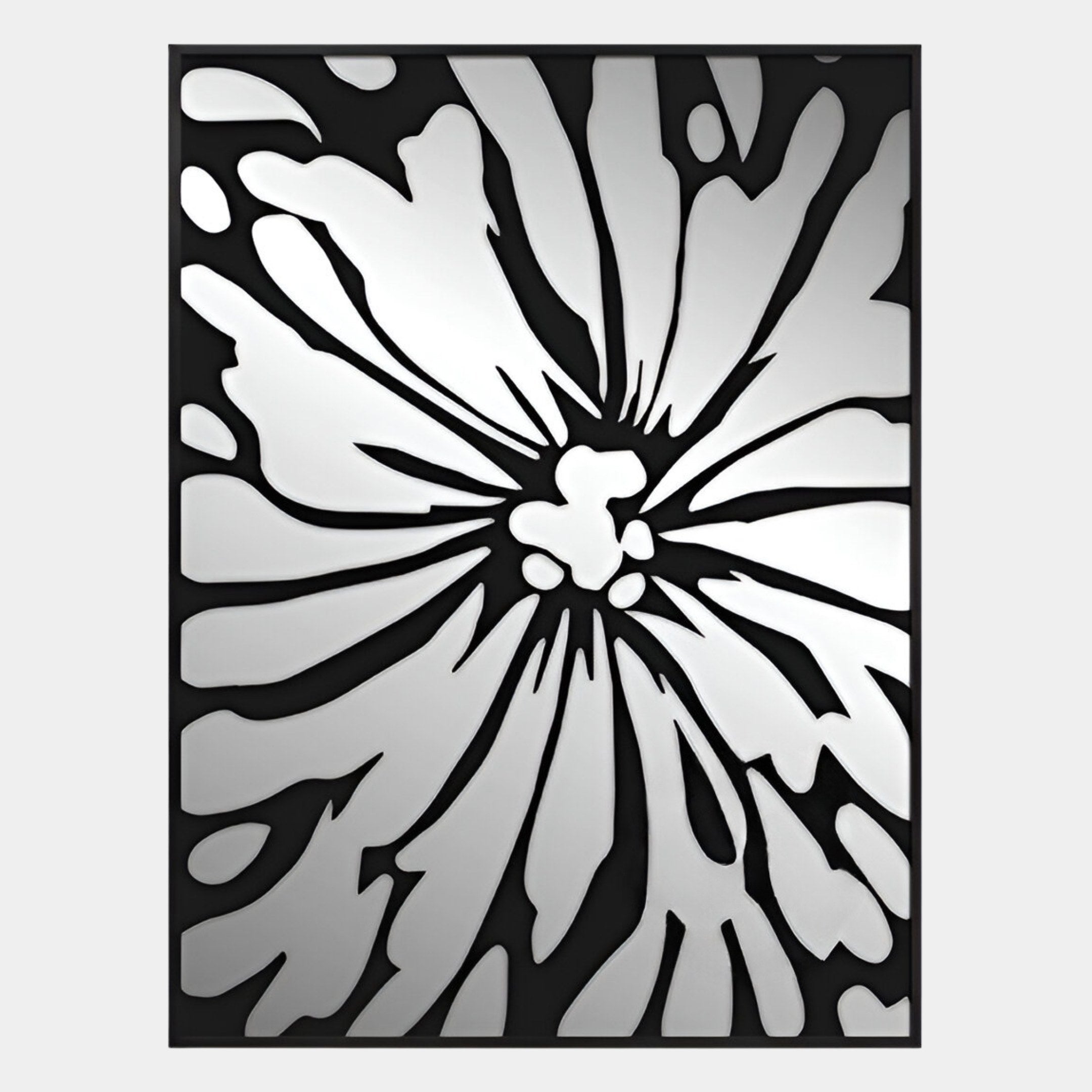 Floristra I Petal Bloom Silver Mirror 3D Wall Art by Giant Sculptures features bold, organic black and white lines radiating like stylized petals—ideal as modern decor and a perfect match for 3D floral wall art.