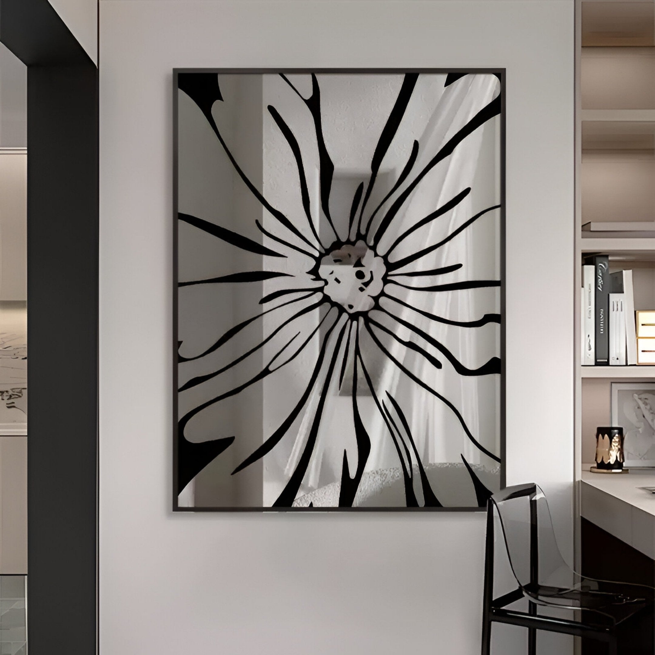 The Floristra II Petal Bloom Silver Mirror 3D Wall Art by Giant Sculptures features abstract black and white flower design with radiating lines, adding a modern decorative touch to your contemporary space.