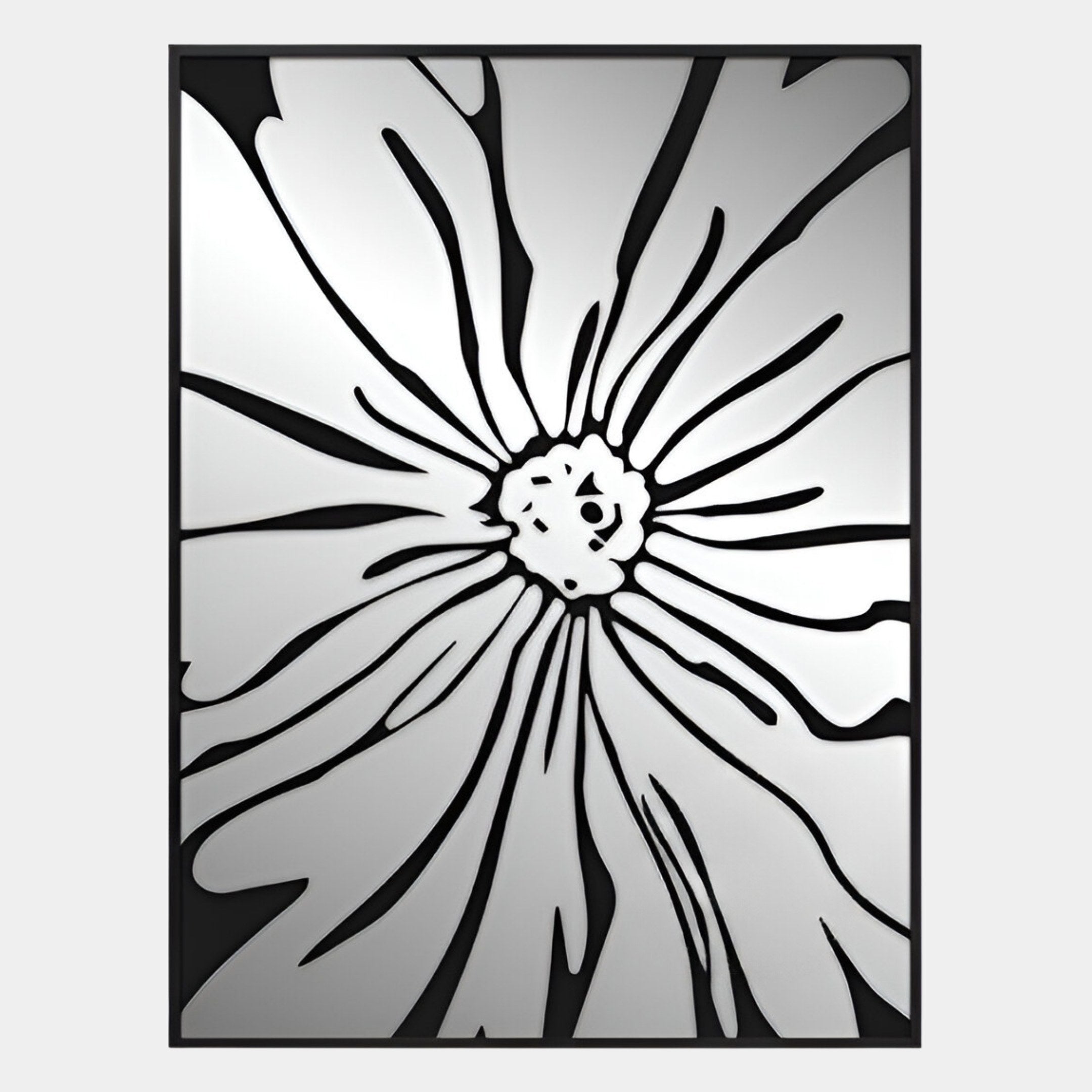 Floristra II Petal Bloom Silver Mirror 3D Wall Art by Giant Sculptures features bold black and white floral lines with a detailed center framed by a slim border, adding modern style and striking contrast to any decor.