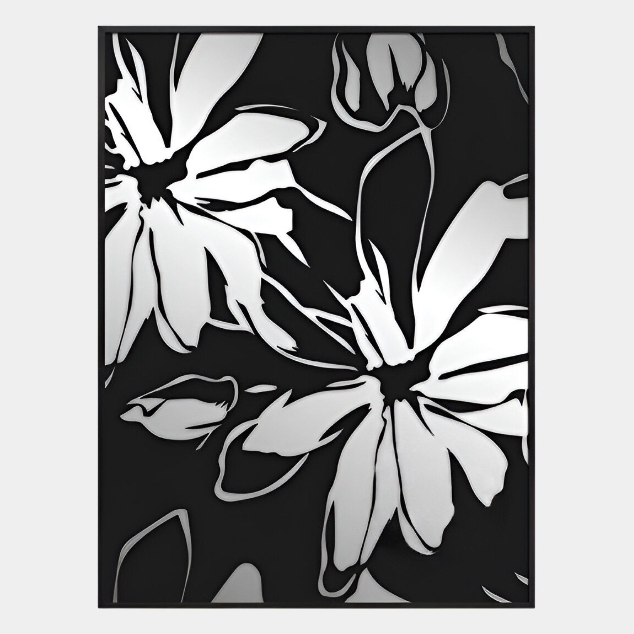 Black and white abstract floral image with bold outlines and dramatic contrast, inspired by Giant Sculptures’ Floristra III Petal Bloom Silver Mirror 3D Wall Art—a striking modern decorative accent.