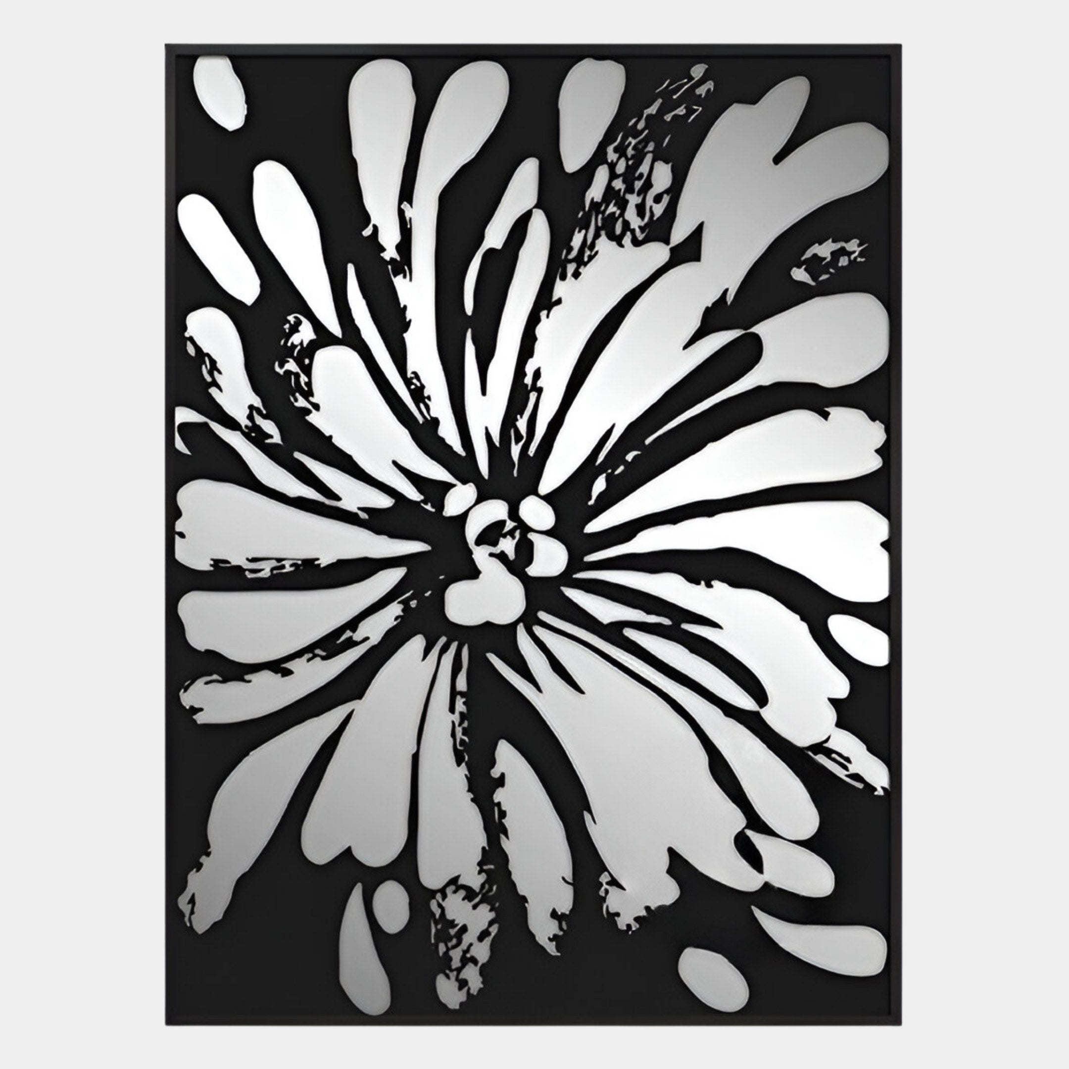 Floristra IV Petal Bloom Silver Mirror 3D Wall Art by Giant Sculptures features bold, abstract shapes radiating from the center, resembling a stylized flower—ideal for adding contemporary flair to your space.