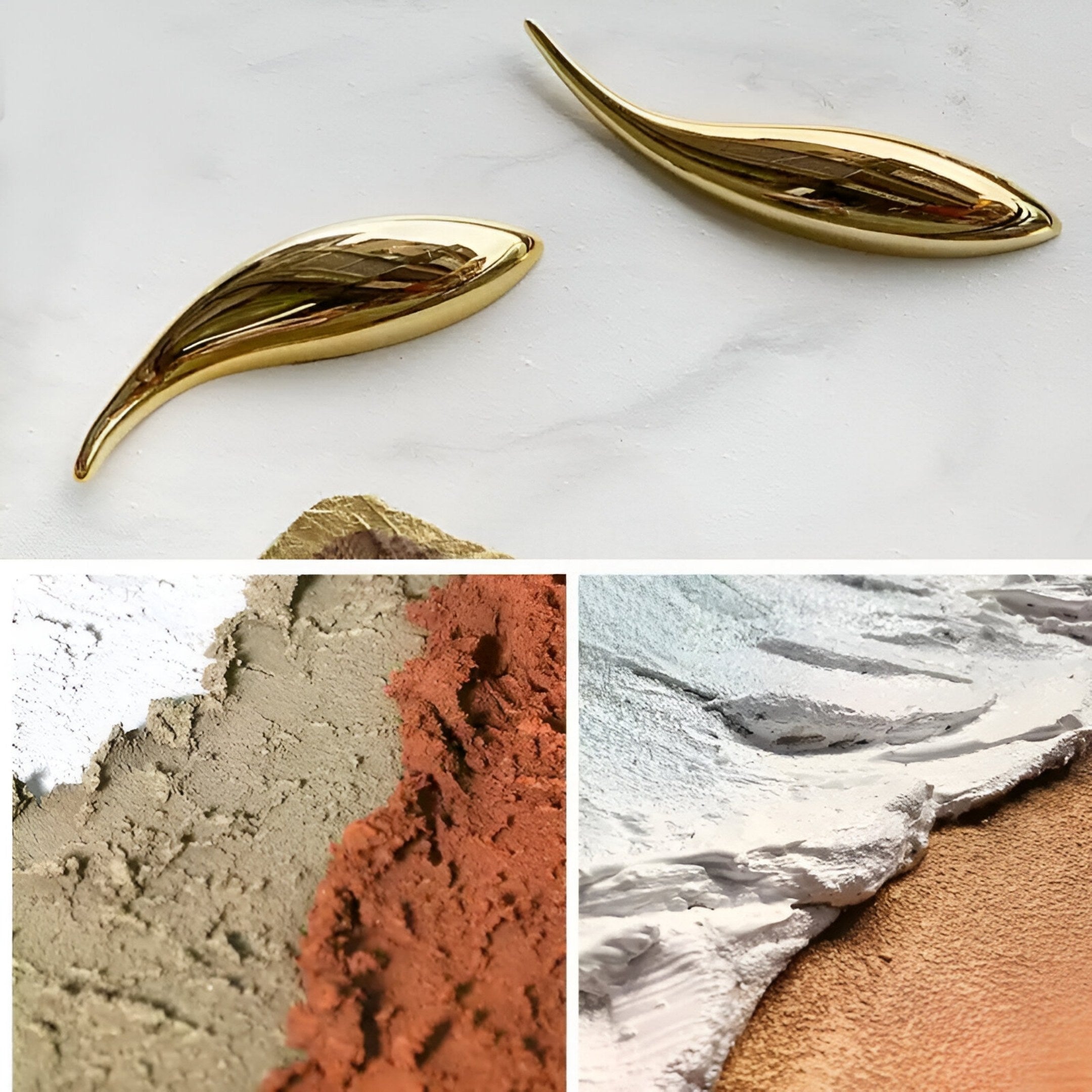 The Pisaro Gold Fish Terracotta & White Oil Canvas 3D Wall Art by Giant Sculptures features two gold leaf-shaped designs above panels with red, gray, white, and brown textures, blending elegance with contemporary décor.