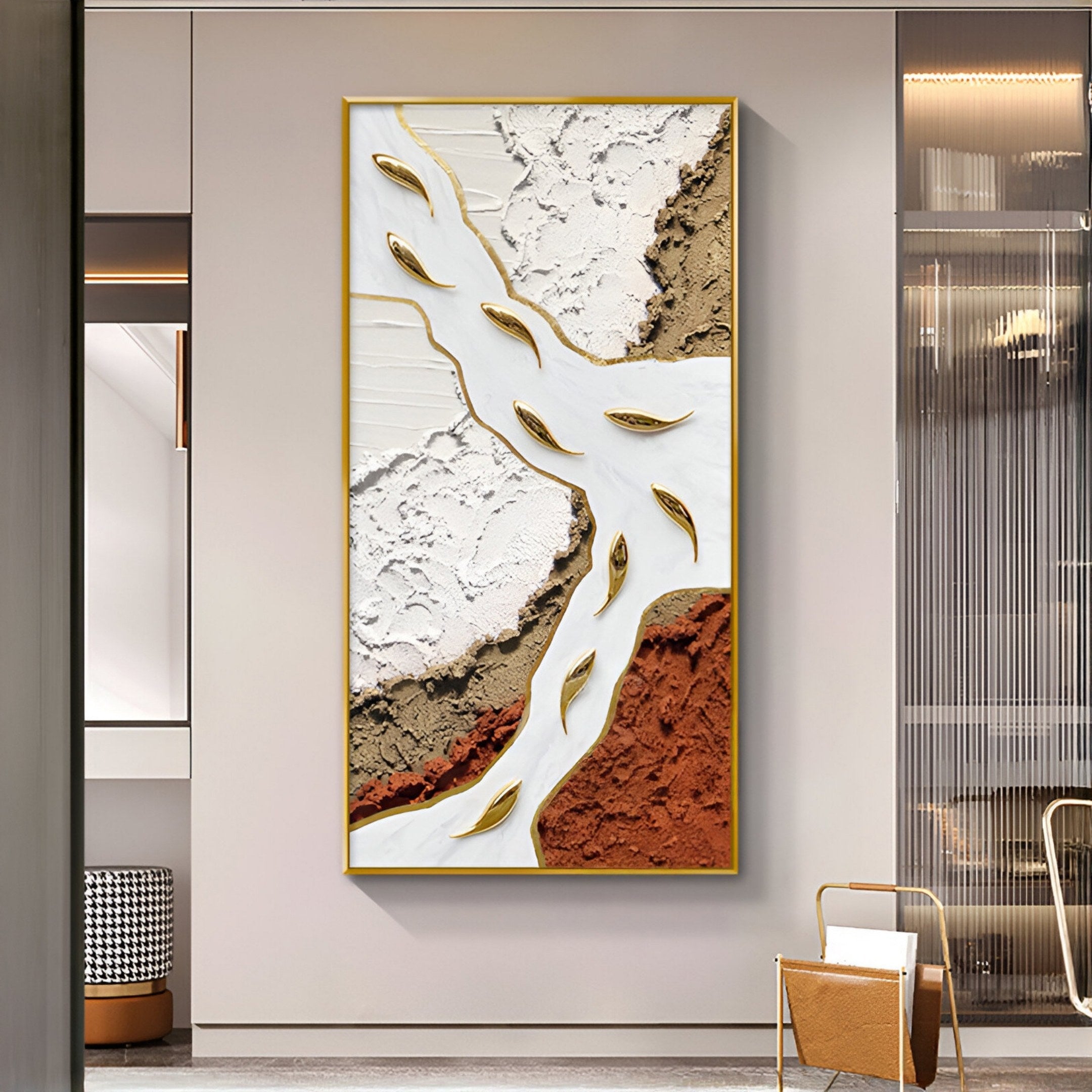 The Pisaro Gold Fish Terracotta & White Oil Canvas 3D Wall Art by Giant Sculptures features textured white, brown, and rust sections with gold accents, adding a modern touch to any stylish contemporary space.
