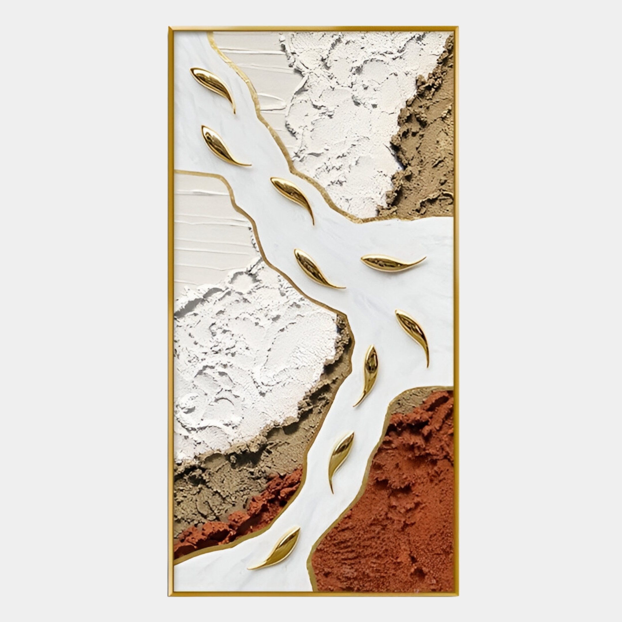 The Pisaro Gold Fish Terracotta & White Oil Canvas 3D Wall Art by Giant Sculptures showcases textured white, beige, brown, and rust sections with smooth diagonal streams and gold leaf accents in a bold gold frame for a modern look.