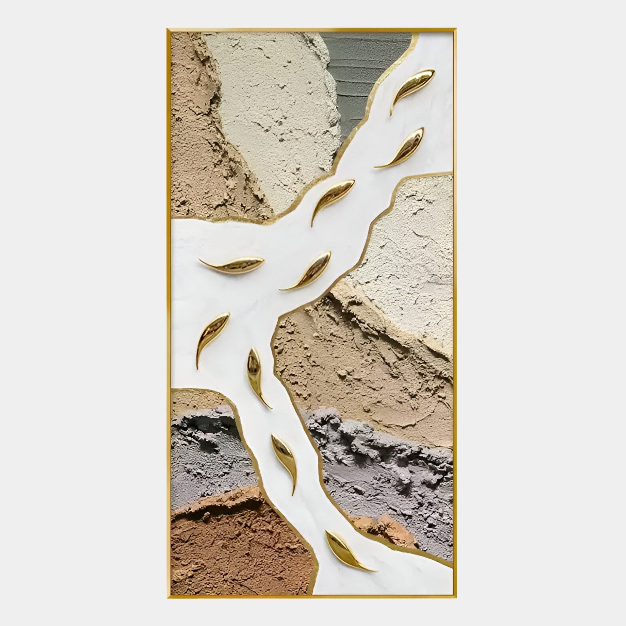 Pisaro Gold Fish Earthy Layers & White Oil Canvas 3D Wall Art by Giant Sculptures features beige, brown, white, and gray tones with gold leaf-shaped accents and a smooth white path—an elegant, gold-framed 3D canvas for any space.