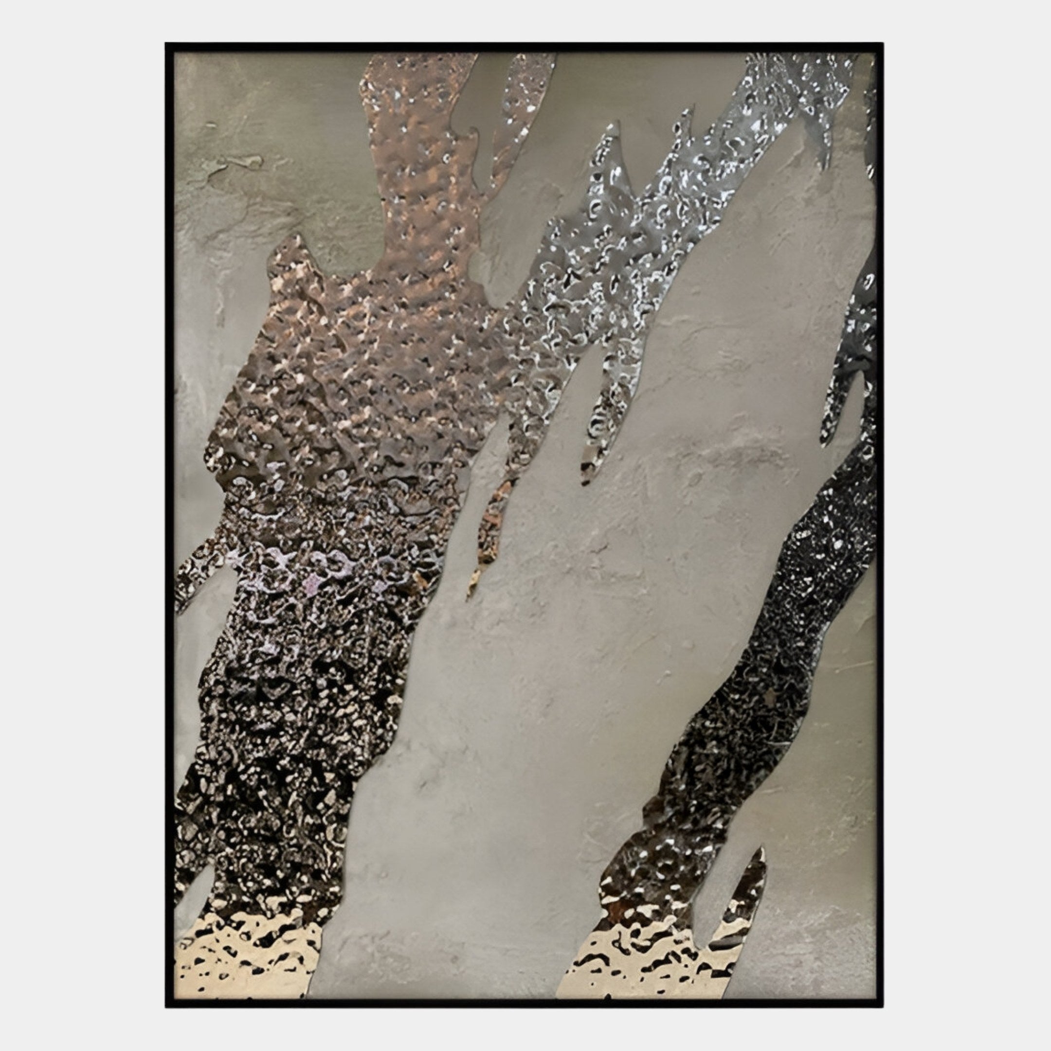 Metallura Taupe & Silver Metallic Flow Abstract 3D Wall Art by Giant Sculptures features jagged silver, black, and copper streaks with sculptural texture on a muted gray background. Ideal modern decor for interiors, framed simply in black.