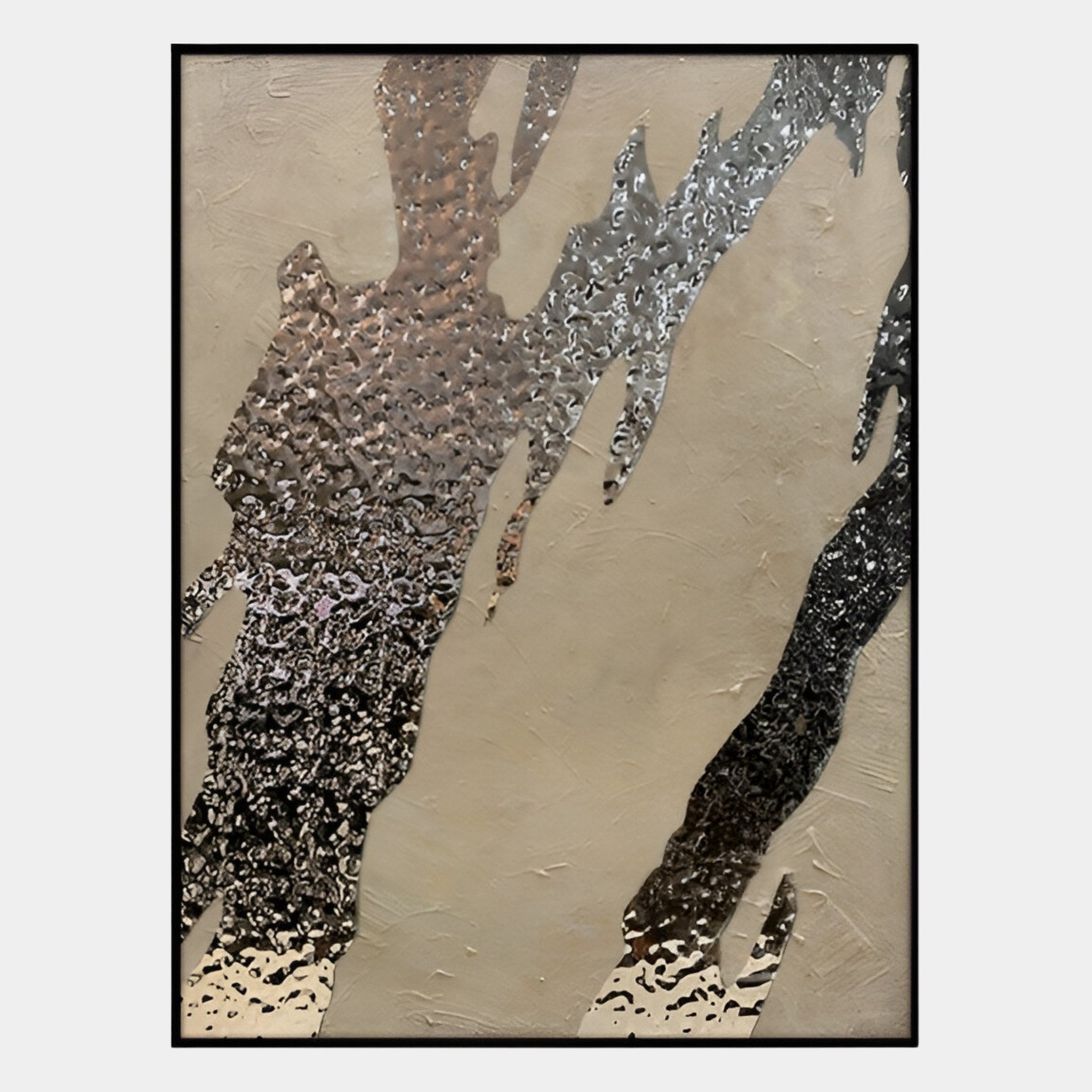 The Metallura Beige & Silver Metallic Flow Abstract 3D Wall Art by Giant Sculptures features textured silver patterns, irregular shapes, and reflective accents on a beige background—an elegant statement for modern interiors.