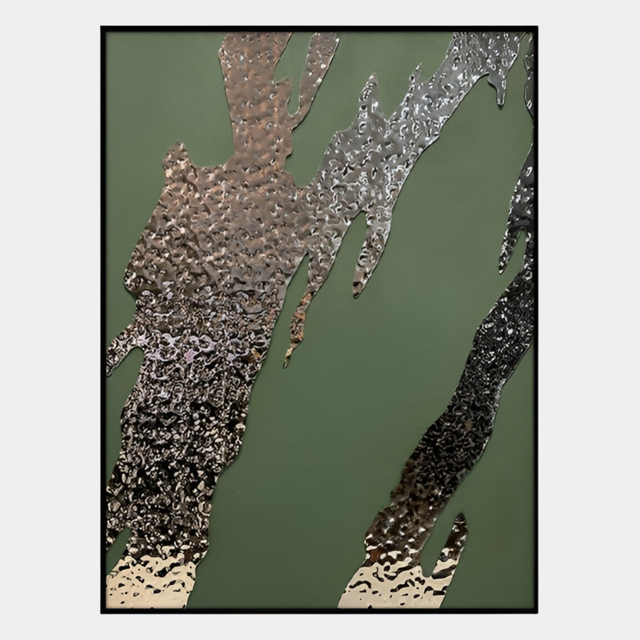 Metallura Deep Green Metallic Flow Abstract 3D Wall Art by Giant Sculptures features irregular silver and black textured streaks on a matte olive green background, creating bold contrast—ideal for contemporary interiors.