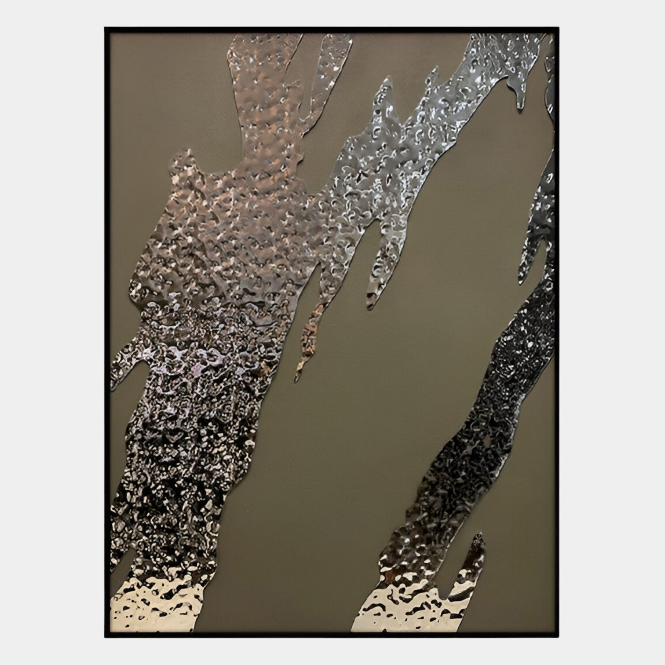 The Metallura Bronze Metallic Flow Abstract 3D Wall Art by Giant Sculptures showcases irregular, textured metallic streaks in silver over a matte gray base, with hammered, reflective surfaces forming dynamic diagonal lines for a striking effect.