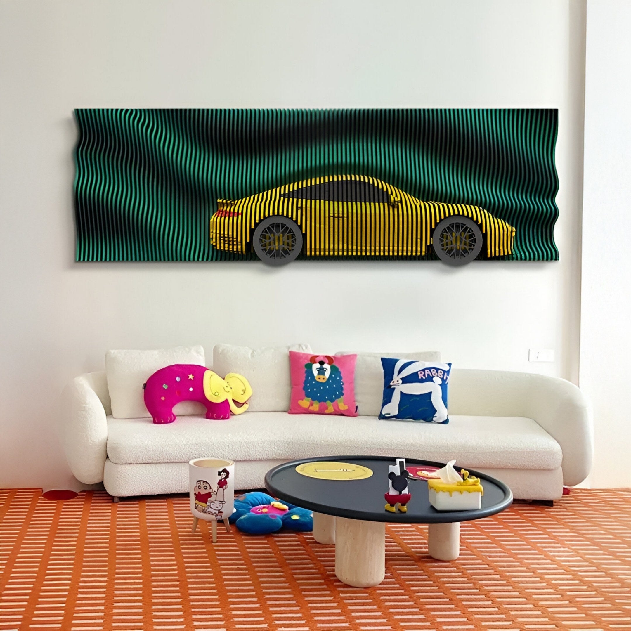 A modern living room with a white sofa, colorful animal-themed pillows, a round black coffee table with toys, and the Velocedra Yellow Sportscar 3D Relief Wall Art by Giant Sculptures above the sofa on a green and black striped background.