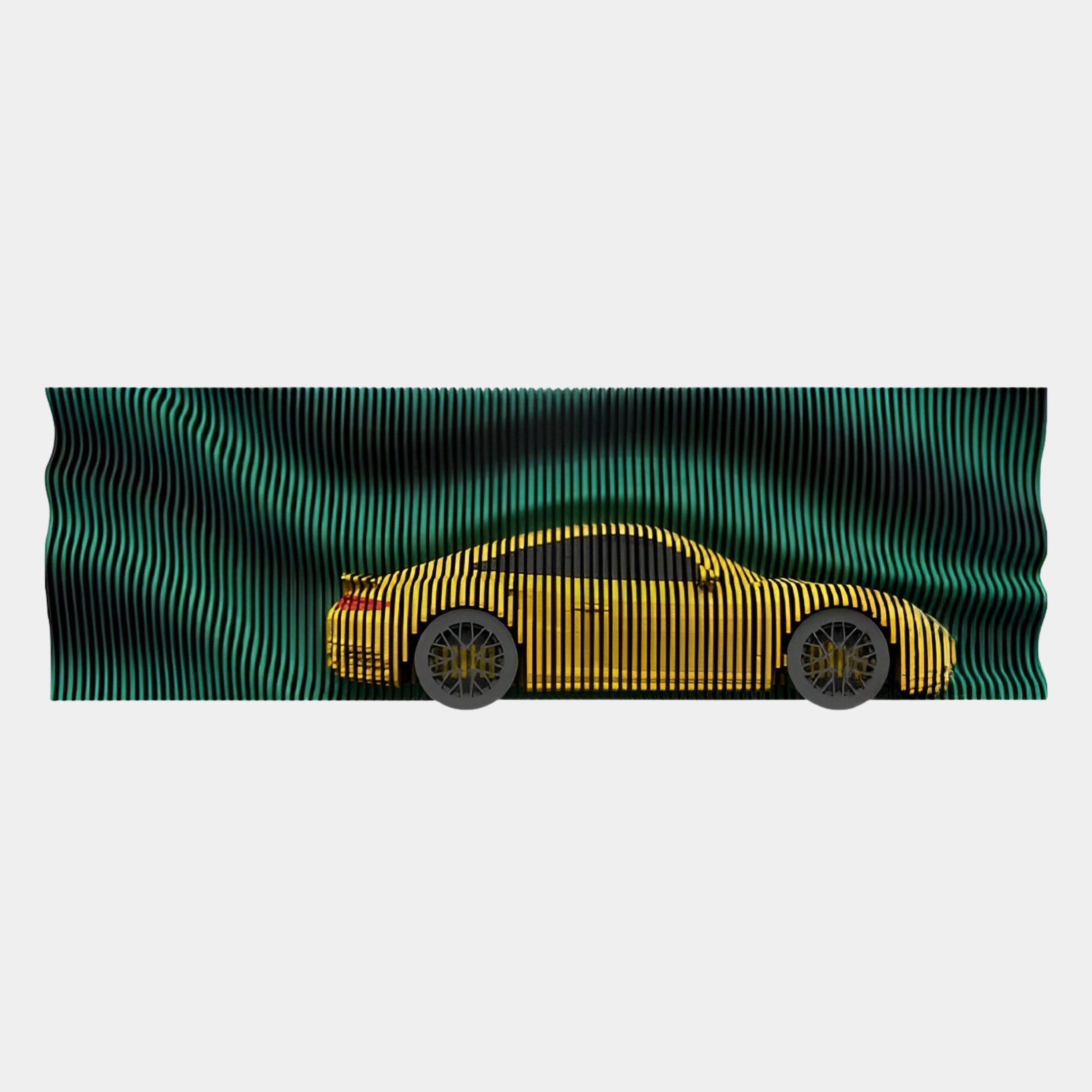 The Velocedra Yellow Sportscar 3D Relief Wall Art by Giant Sculptures shows a yellow sportscar in side view with black vertical lines, set against wavy green and black stripes for a dynamic, motion-inspired optical illusion effect.