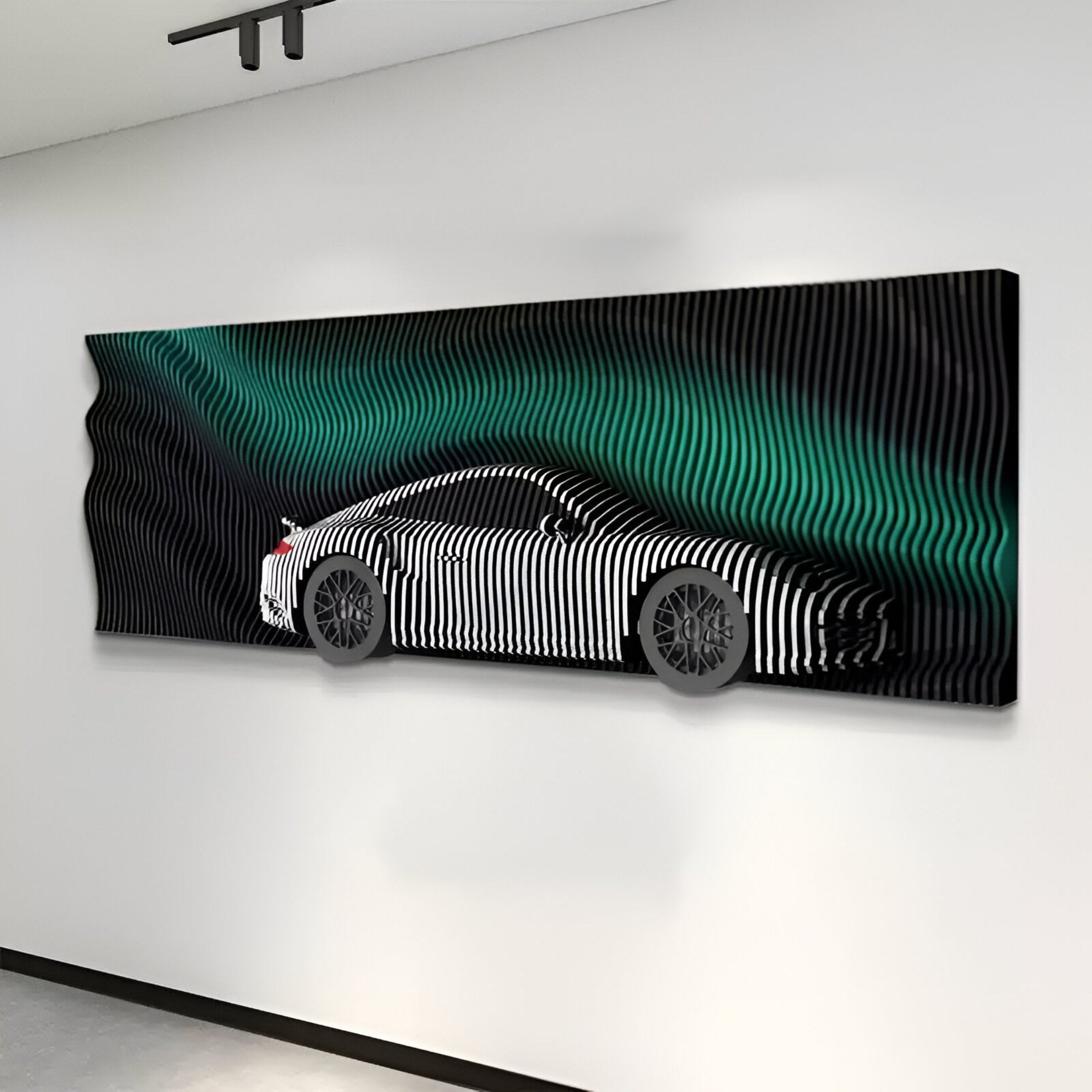 The Velocedra Green Gradient Silver Sportscar 3D Relief Wall Art by Giant Sculptures displays a silver car silhouette with black and white waves, green gradient accents, and is showcased on a white wall in a gallery-style setting.
