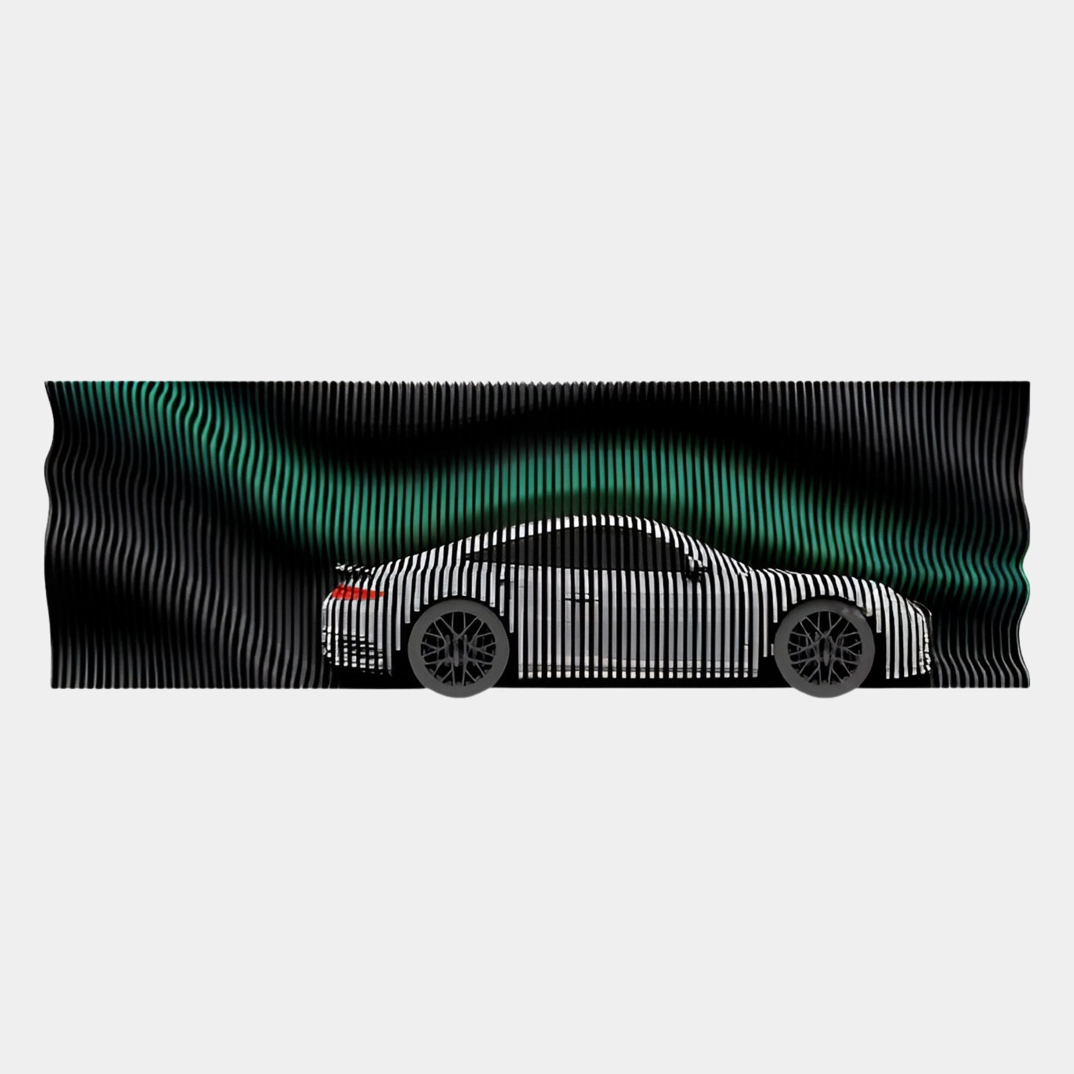 The Velocedra Green Gradient Silver Sportscar 3D Relief Wall Art by Giant Sculptures features a silver sports car with black vertical stripes set against a green gradient, wavy-striped background for an optical illusion effect.