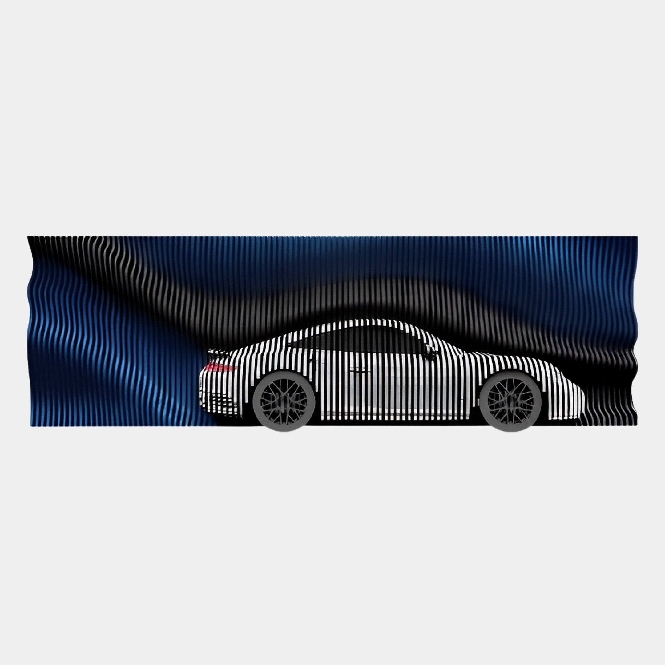 The Velocedra Blue Gradient Silver Sportscar 3D Relief Wall Art by Giant Sculptures features a silver sports car in profile with black stripes, set against a wavy blue gradient background that creates a striking sense of movement.