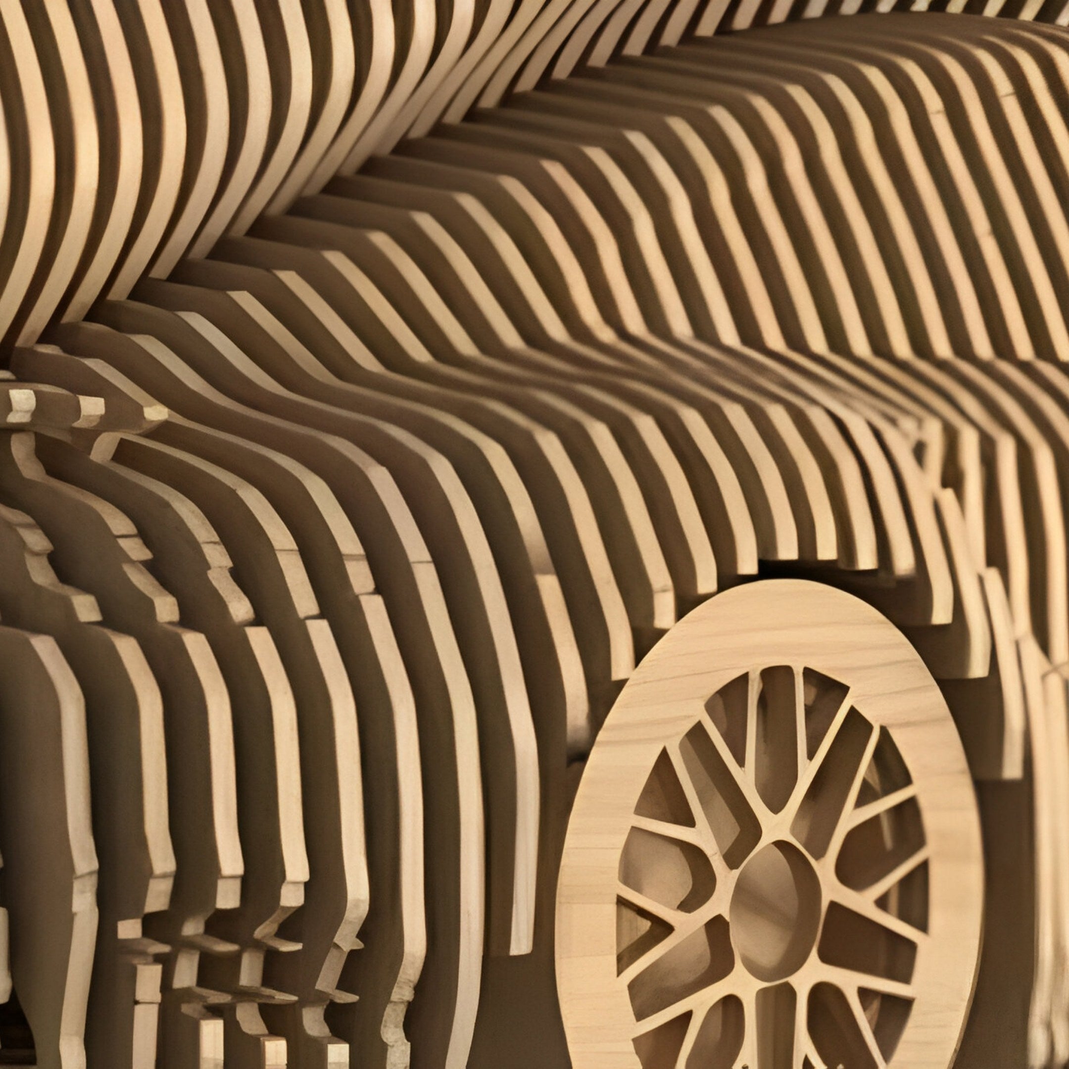Close-up of the Velocedra Wooden Sportscar 3D Relief Wall Art by Giant Sculptures, featuring layered curved wooden slats and a detailed spoked wheel reminiscent of a vintage car.
