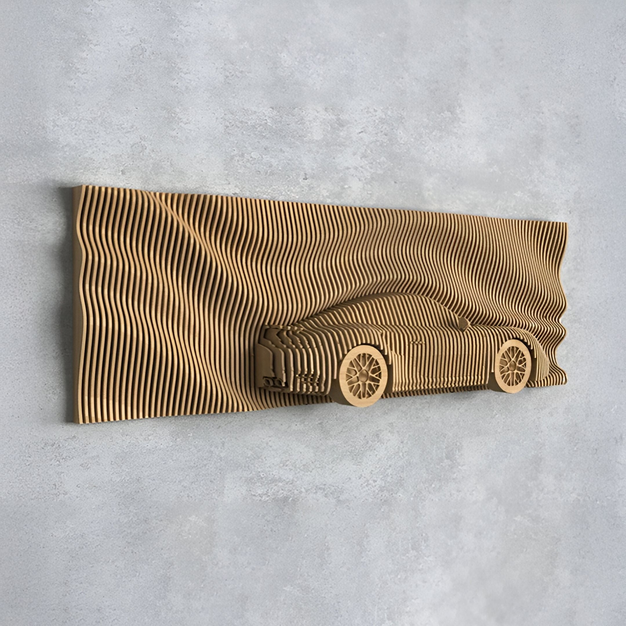 The Velocedra Wooden Sportscar 3D Relief Wall Art by Giant Sculptures features a car partially emerging from wavy slats, creating a striking three-dimensional abstract effect on a gray concrete background.