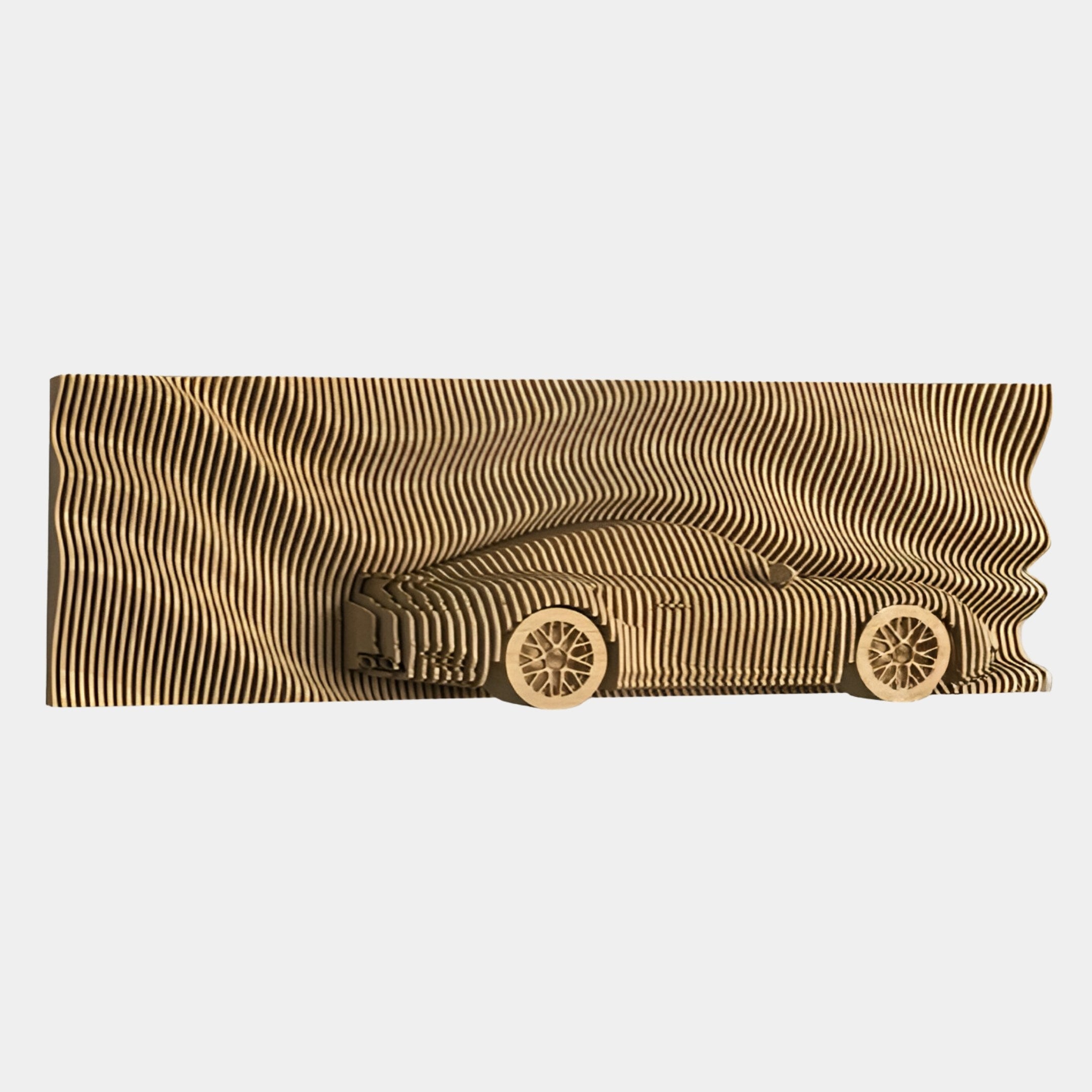 The Velocedra Wooden Sportscar 3D Relief Wall Art by Giant Sculptures features a sportscar shape emerging from parallel wooden slats, creating an abstract, wavy effect as the car integrates into the background.