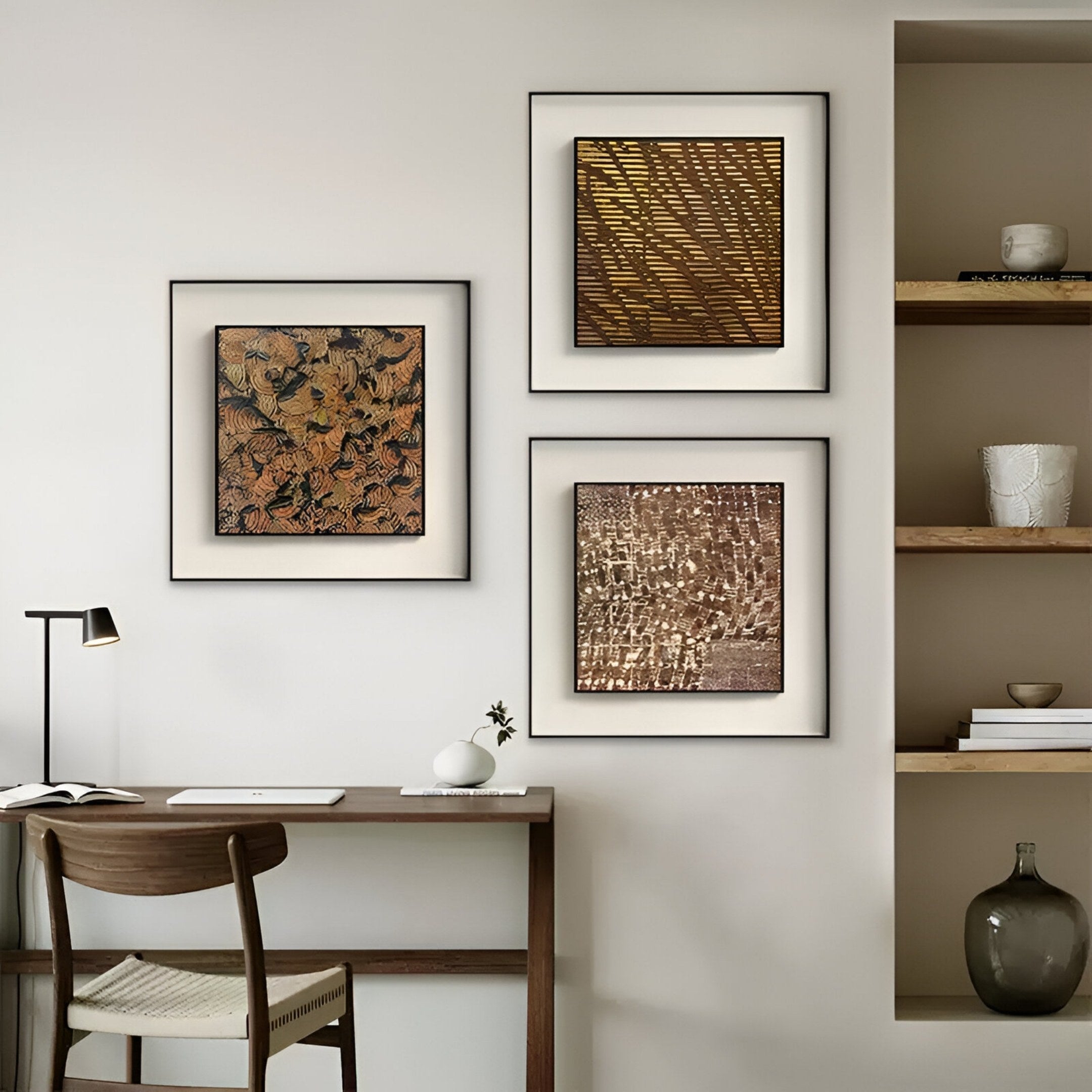 A minimalist workspace features a wooden desk, elegant chair, and lamp; on the wall, Giant Sculptures' Fiorenze Copper & Black Swirl Textured Square 3D Wall Art joins two abstract artworks. Open shelves hold ceramics and books, with a vase adding floral flair.
