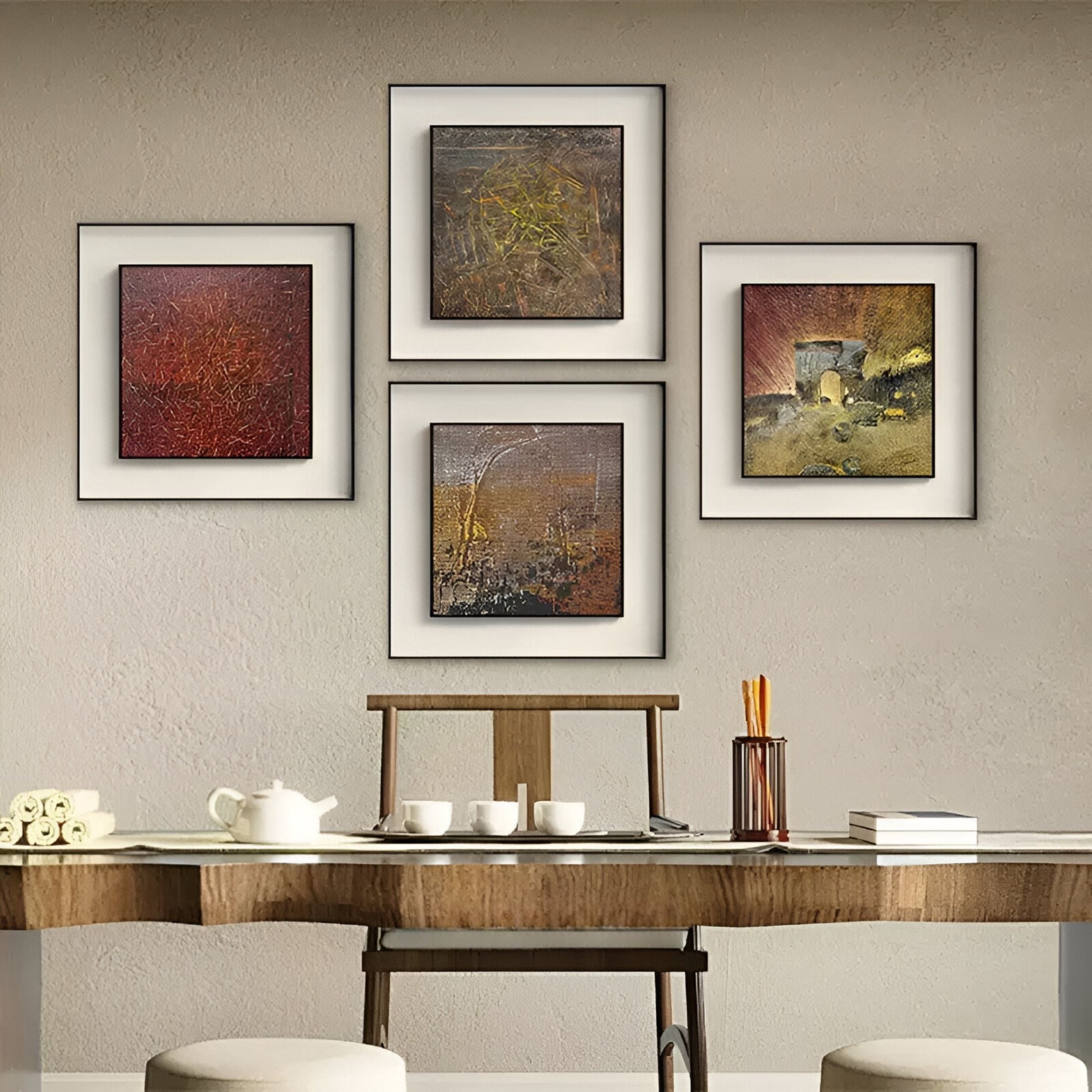 A modern dining area with a wooden table and two stools sits against a beige wall, featuring four “Fiorenze Sunset Archway Golden Rays” 3D wall art pieces by Giant Sculptures, arranged in a grid for a warm, contemporary touch.
