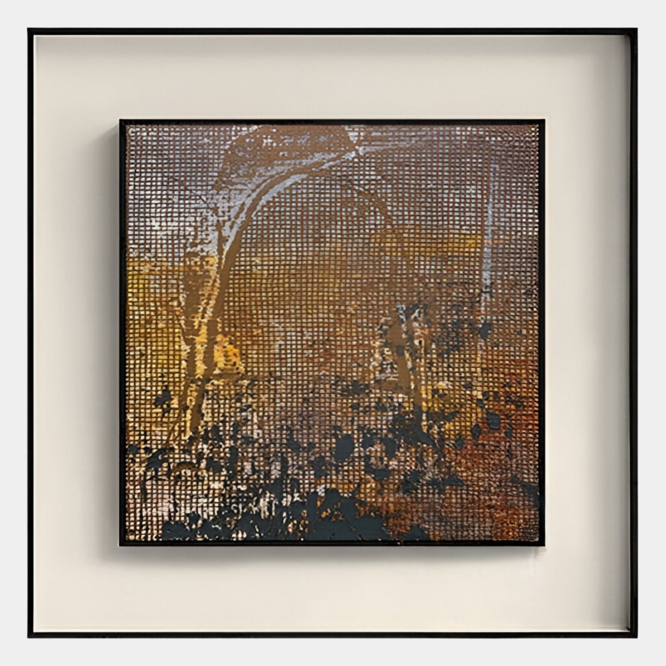 The Fiorenze Golden Arch Pattern Textured Square 3D Wall Art by Giant Sculptures features a grid design in earthy brown, gold, and black with arch and foliage motifs—ideal modern textured decor for any space.