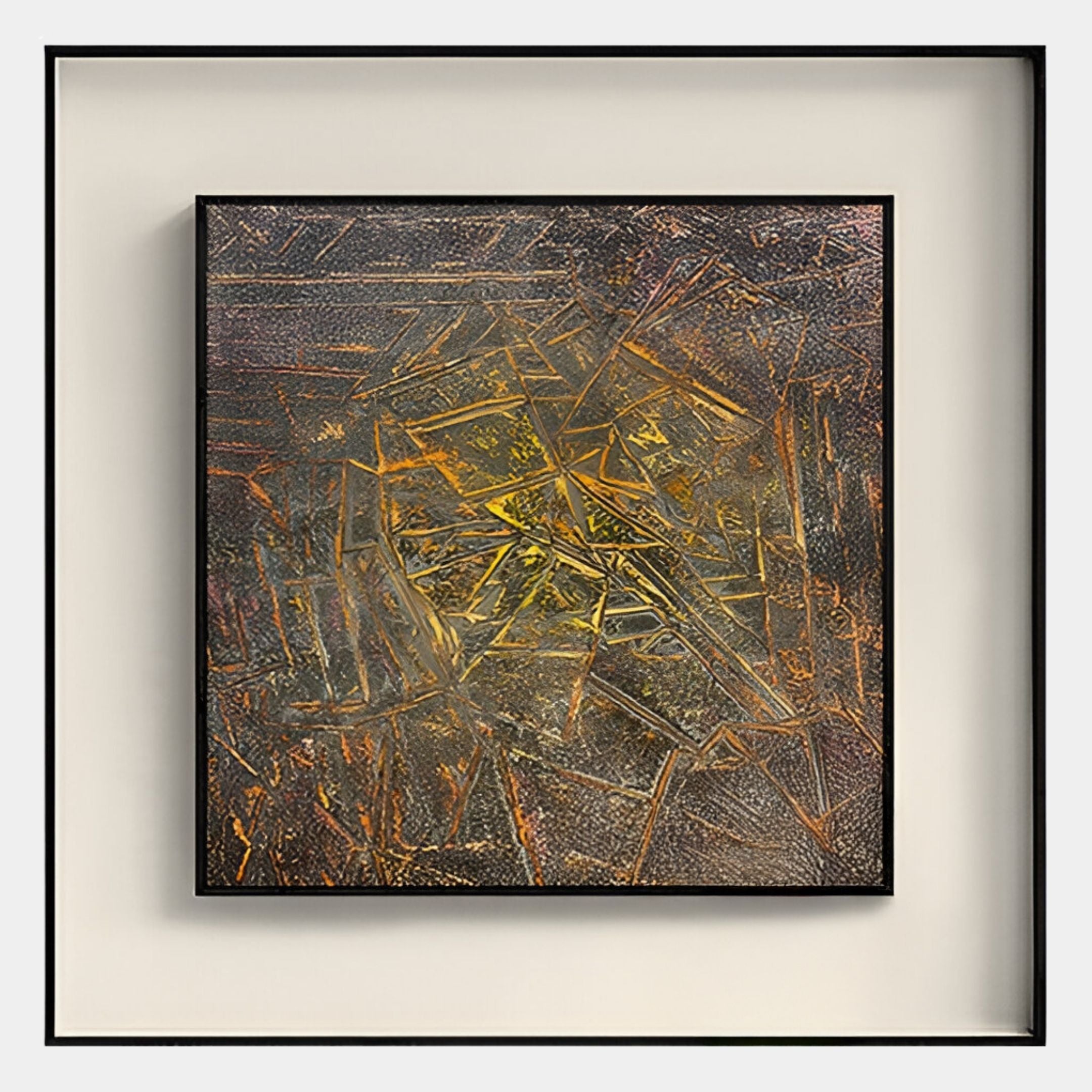 The Fiorenze Burnished Geometric Fragment Square 3D Wall Art by Giant Sculptures features dynamic overlapping angular lines in yellow, orange, and brown tones, set in a simple black frame with a white mat.
