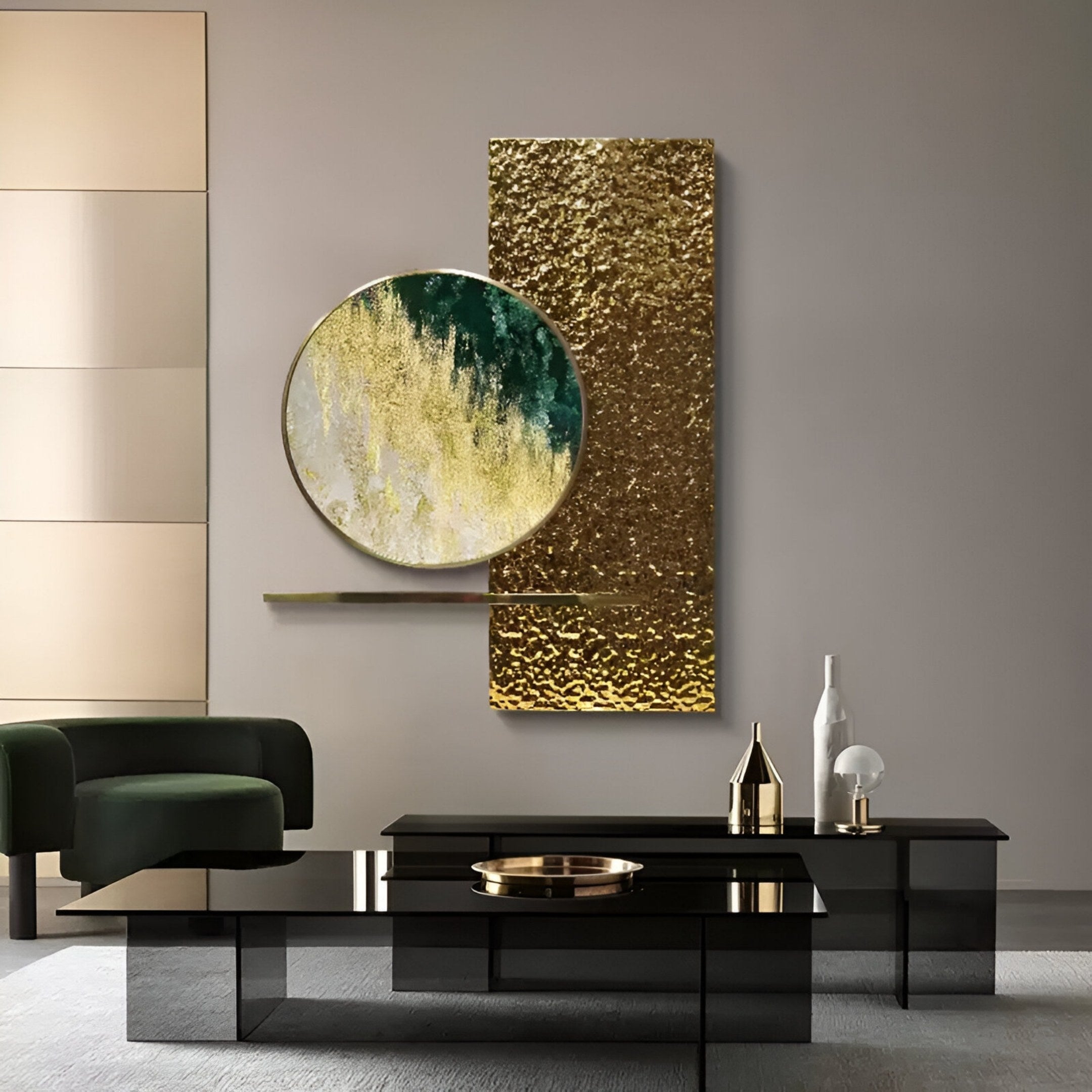 A modern living room showcases Giant Sculptures’ Aurivista Emerald Green & Gold Circle Panel 3D Metal Wall Art, an abstract mirror, dark glass coffee tables, a green velvet chair, and decor on a neutral rug.