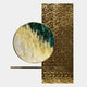 Aurivista Emerald Green & Gold Circle Panel 3D Metal Wall Art by Giant Sculptures features a round canvas with gold, green, and white textured brushstrokes set before a tall metallic gold panel—perfect modern abstract or emerald green wall decor.