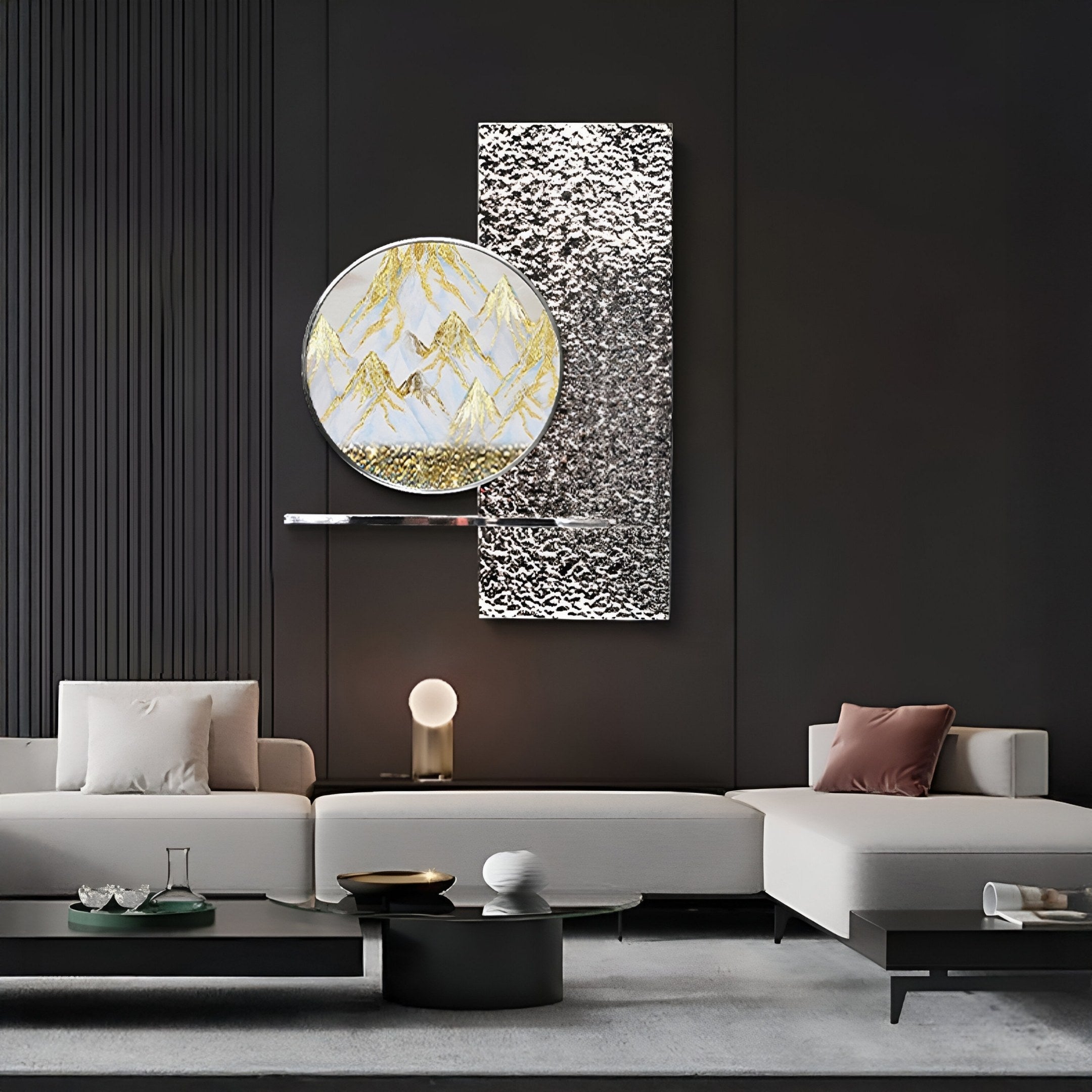 A modern living room features neutral-toned sofas, a dark accent wall, minimalist decor with a lamp, vases, and pillows, plus Giant Sculptures’ Aurivista Gold Mountain & Silver Abstract Panel 3D Metal Wall Art as the focal point.
