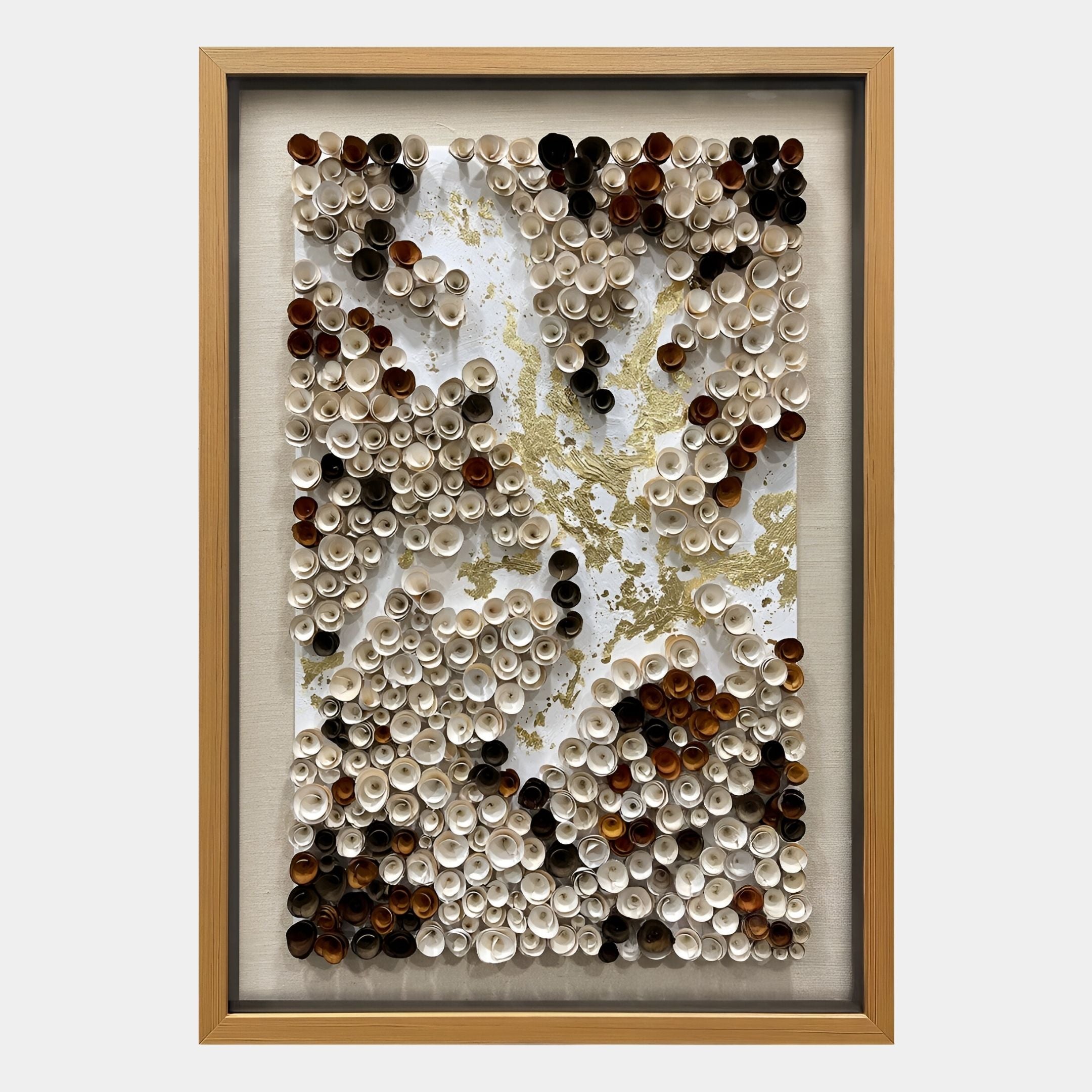 The Volaris Gold & White Rolled Floral Framed 3D Wall Art by Giant Sculptures features clusters of sculpted paper tubes in white, beige, brown, and black on a neutral background with gold accents for a textured, abstract look.