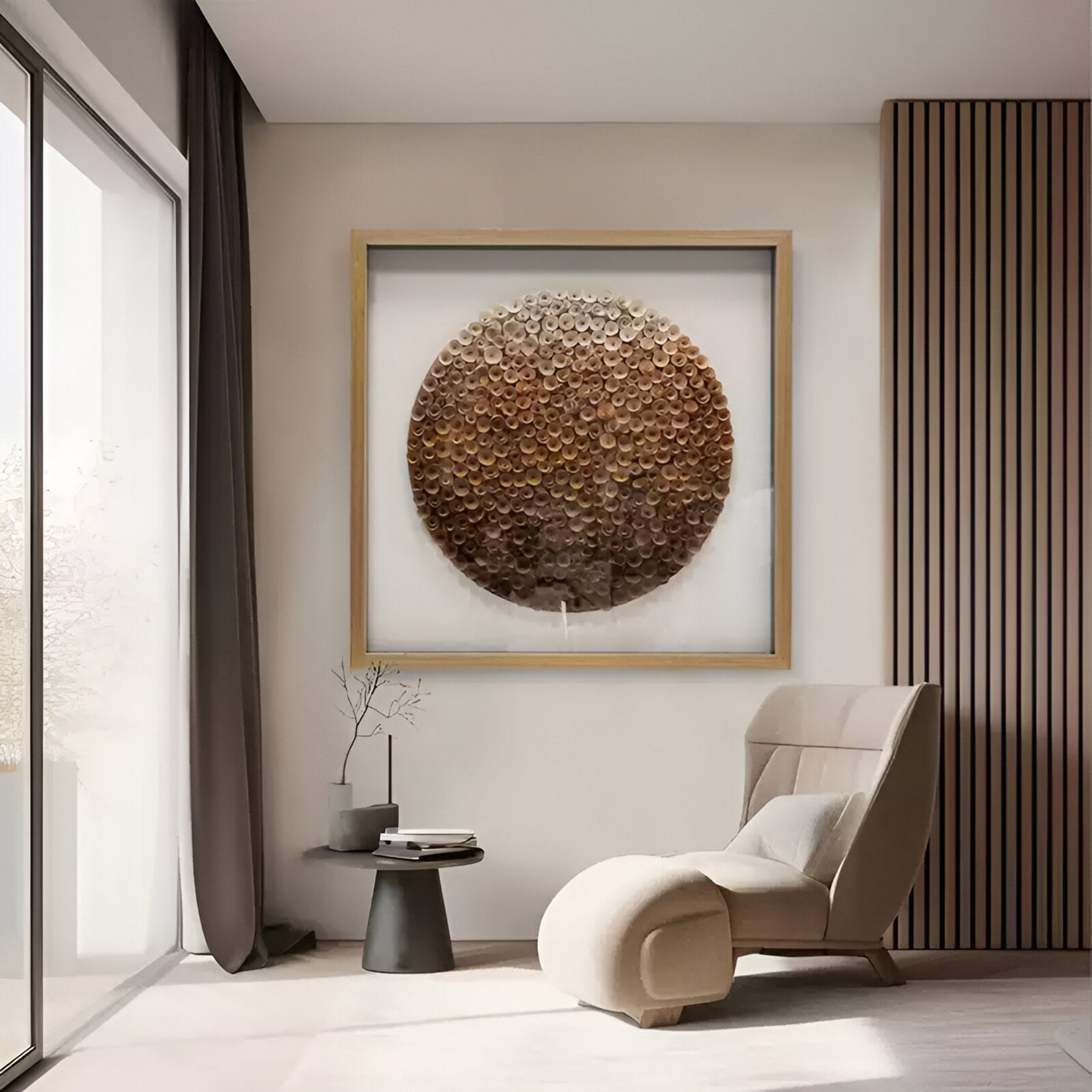 A modern living room with the Aureliare Bronze Fade Rolled Floral Framed 3D Wall Art by Giant Sculptures, a beige lounge chair, a small round table with a vase, and sheer curtains over floor-to-ceiling windows flooding the space with light.