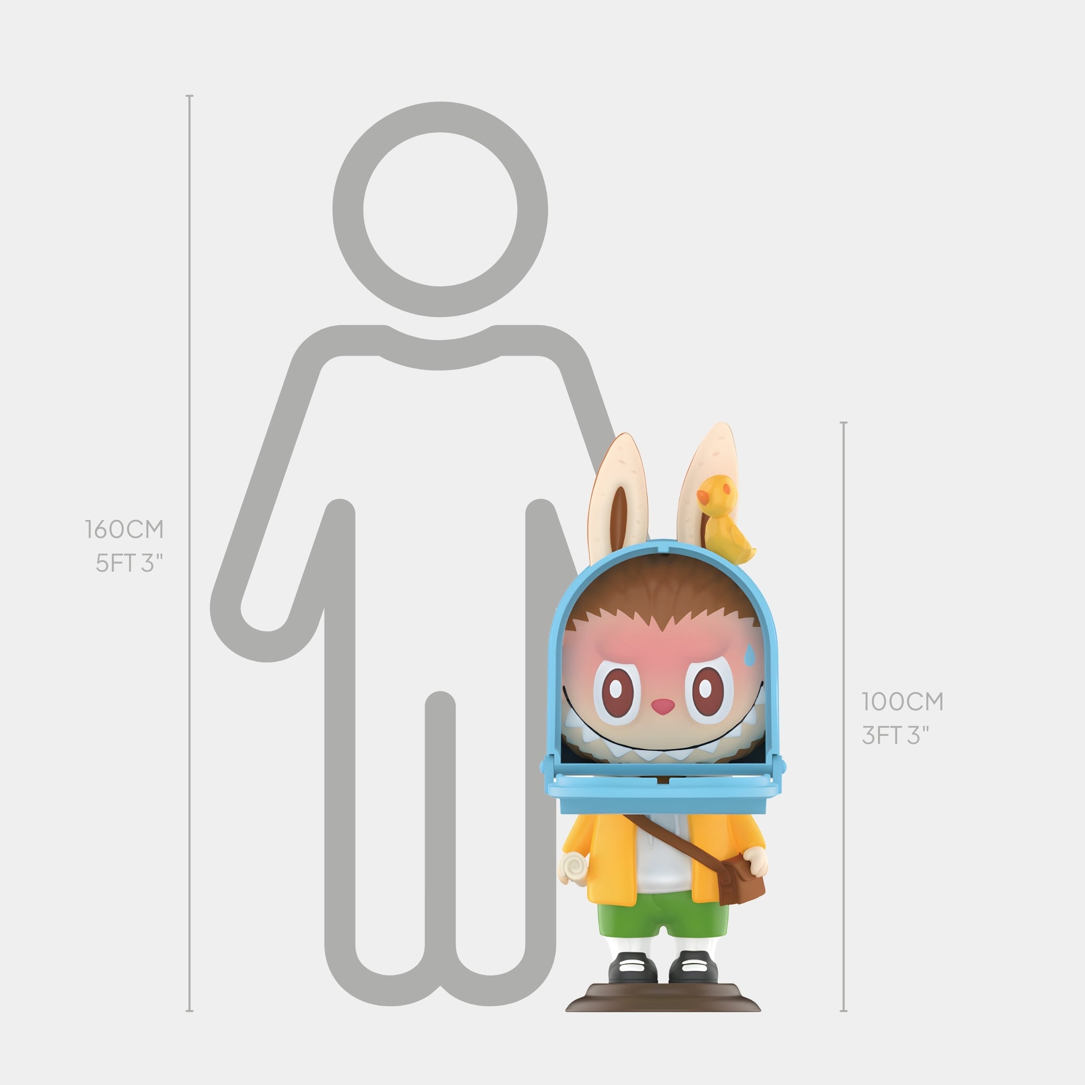 The Giant Sculptures Hidden Mailbox Labubu Sculpture - 100cm features a whimsical delivery theme, bunny ears, and a bird on its head. At 100 cm tall, it stands much shorter than the nearby 160 cm outline.