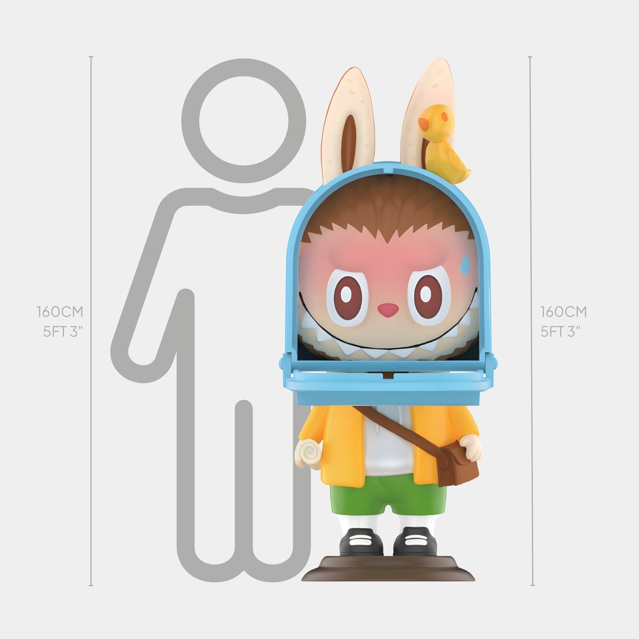 The Giant Sculptures Hidden Mailbox Labubu Sculpture - 160cm features rabbit ears, a bird on its head, and a blue hood. Displayed before a height chart with a gray human outline for size reference, this figure is made of fiberglass.