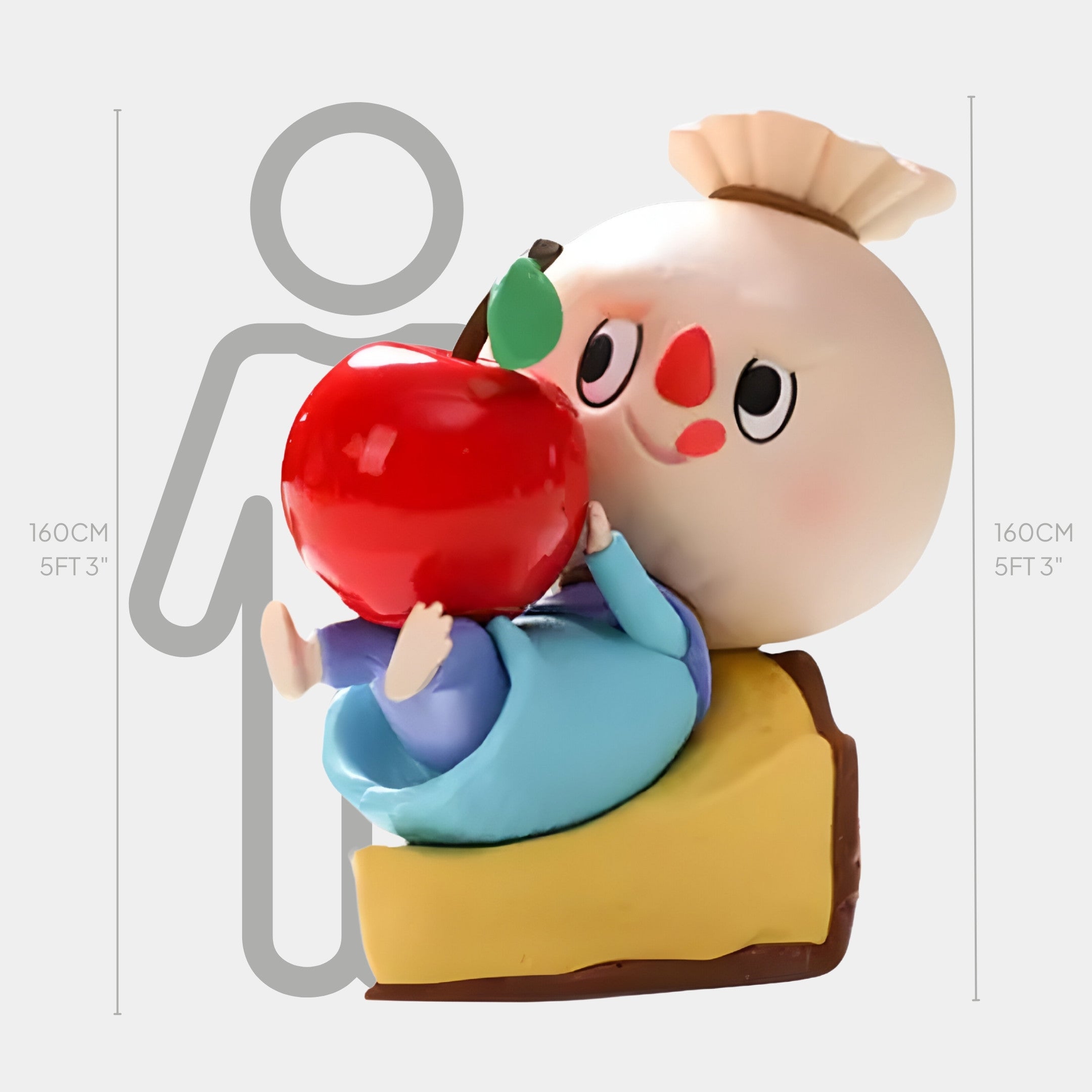 A 160cm-tall Sweet Mischief Apple Pie Labubu Sculpture by Giant Sculptures features a cartoonish figure with a round head, red nose, rosy cheeks on a yellow block holding a large red apple beside a human-height chart.