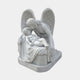 Mother And Son Angel Marble Outdoor Sculpture – 130cm by Giant Sculptures, depicting a winged angel tenderly cradling a sleeping child on draped fabric, carved in white marble on a rectangular base, shown against a plain light grey background.