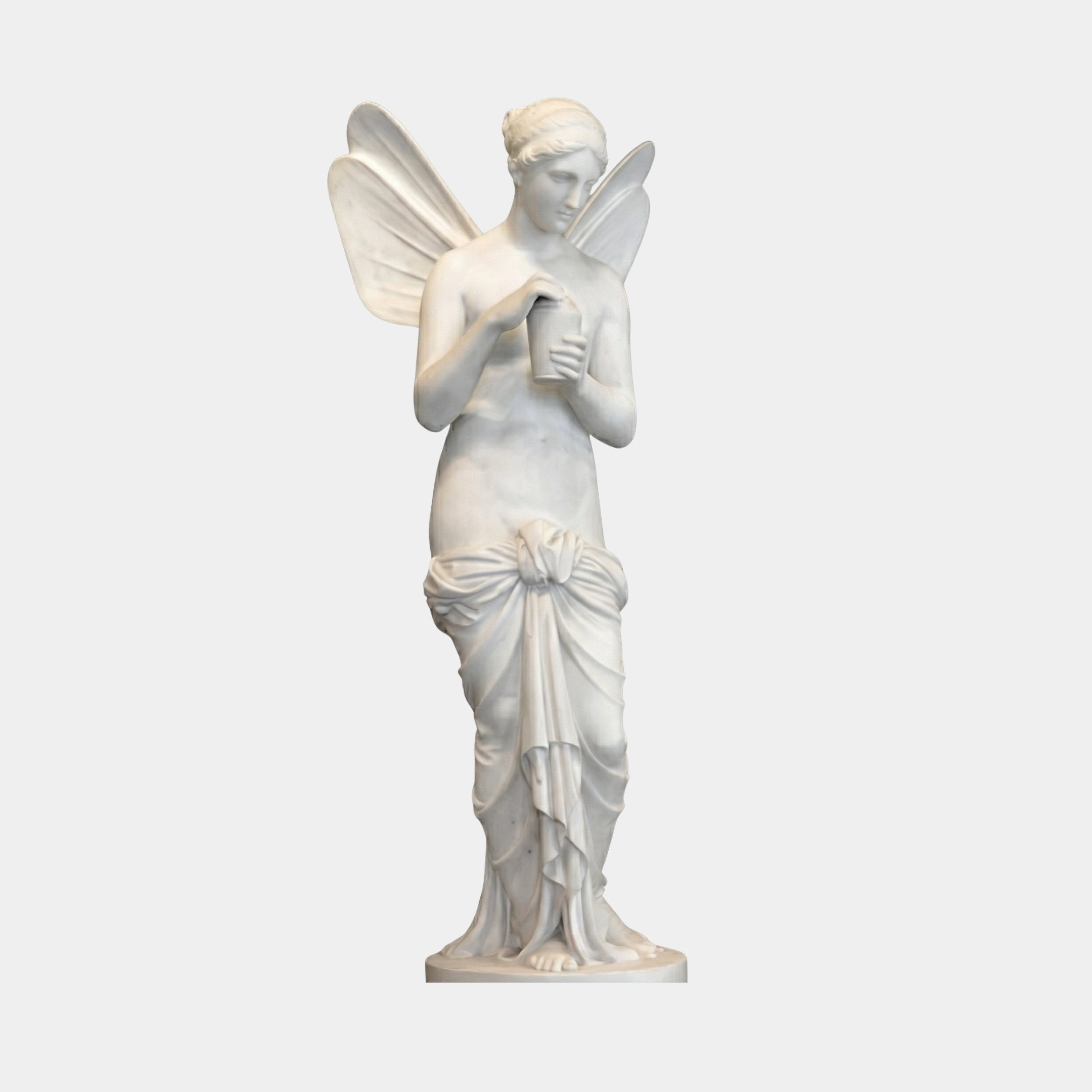 Psyche Winged Angel Marble Outdoor Sculpture by Giant Sculptures, depicting Psyche with butterfly-like wings and draped lower garment holding a vessel, in white marble on a plain background.