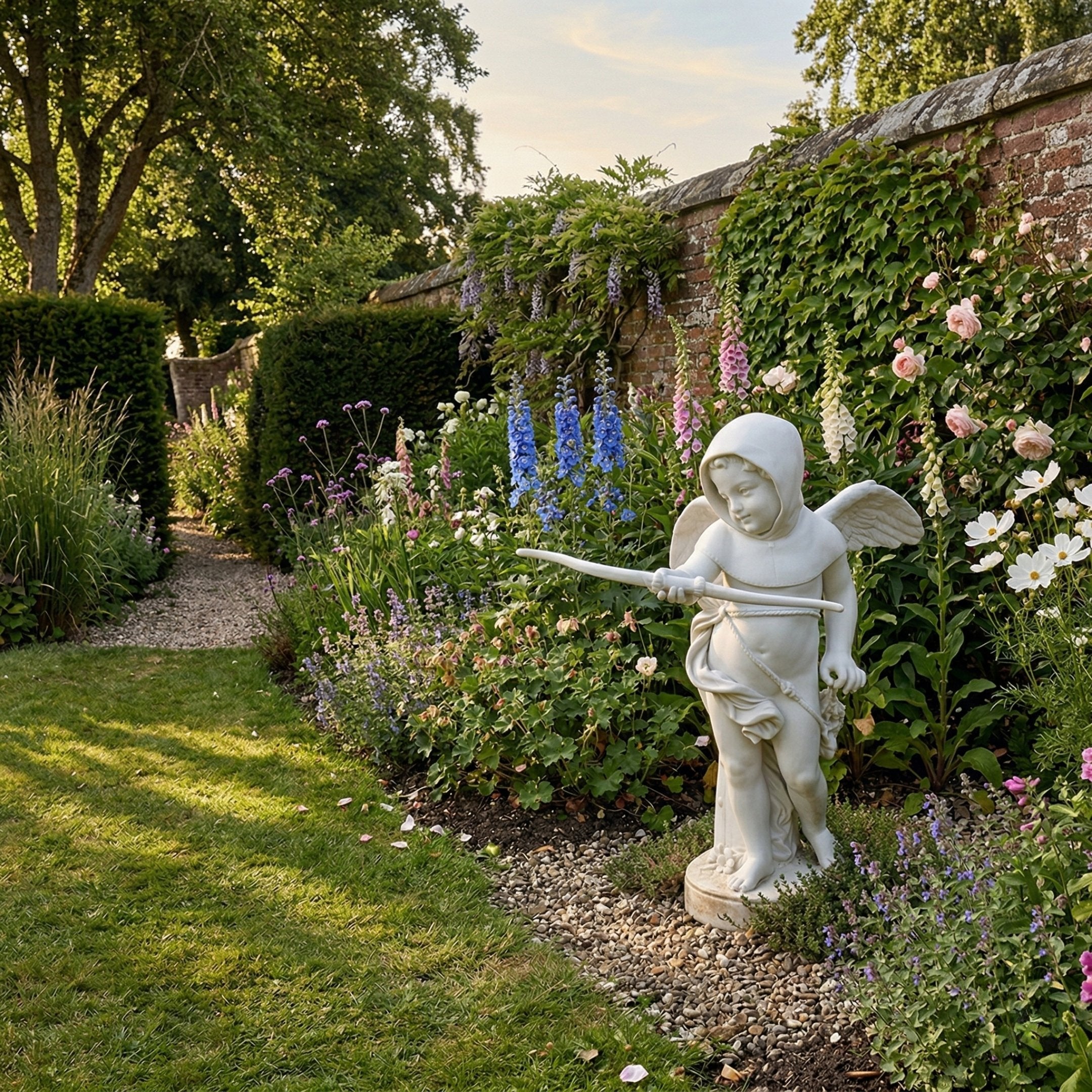 Winged Angel Boy Marble Outdoor Sculpture – 80cm by Giant Sculptures, a white marble cherub in an animated pose holding a bow, set in a lush walled garden with delphiniums and roses.