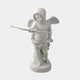 Winged Angel Boy Marble Outdoor Sculpture in white natural marble, depicting a hooded cherub with outstretched wings holding a bow, standing on a round base against a plain light background.