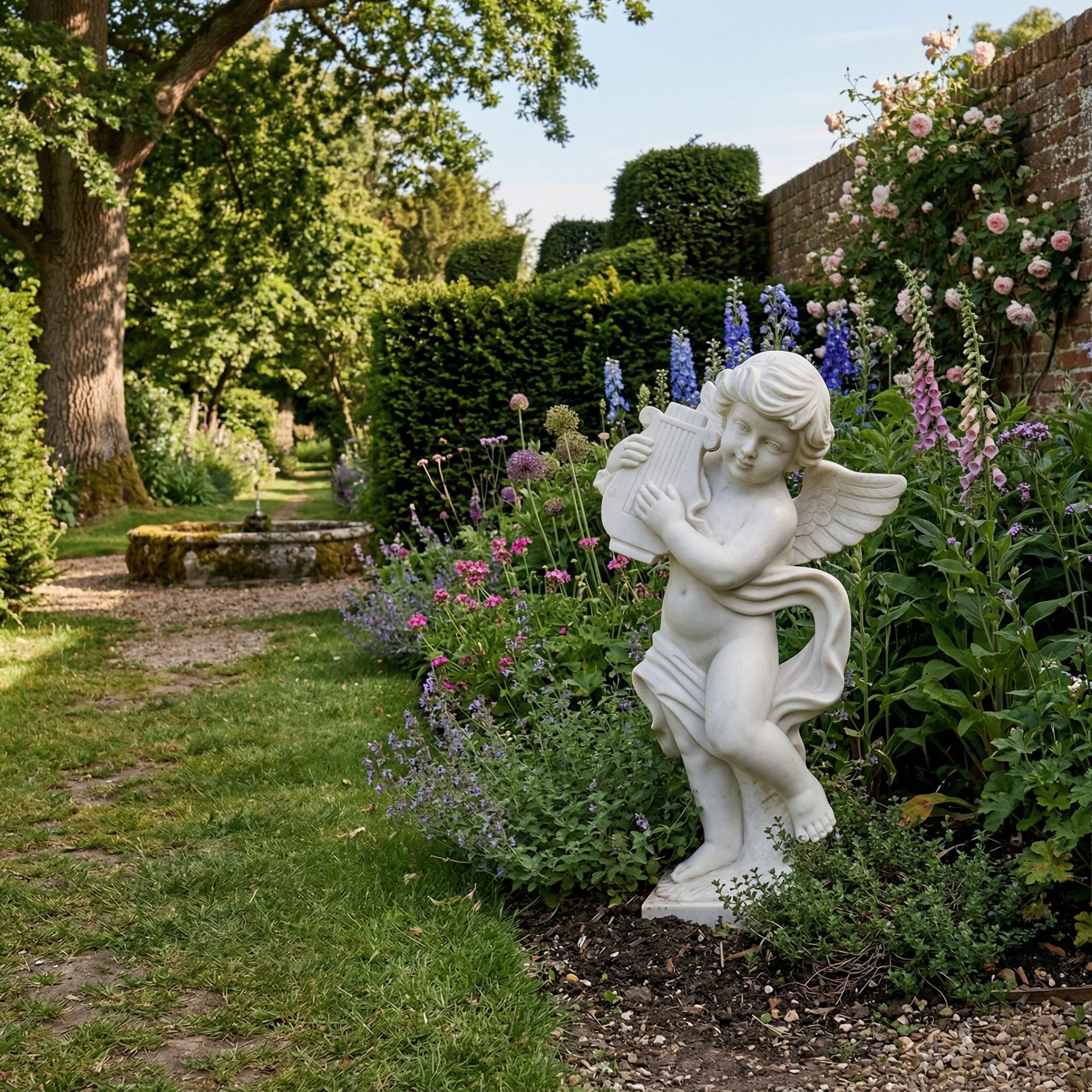 Little Angels Marble Outdoor Sculpture by Giant Sculptures, 80cm white marble winged angel boy holding a lyre, set in a lush garden border with climbing roses and delphiniums along a brick wall.