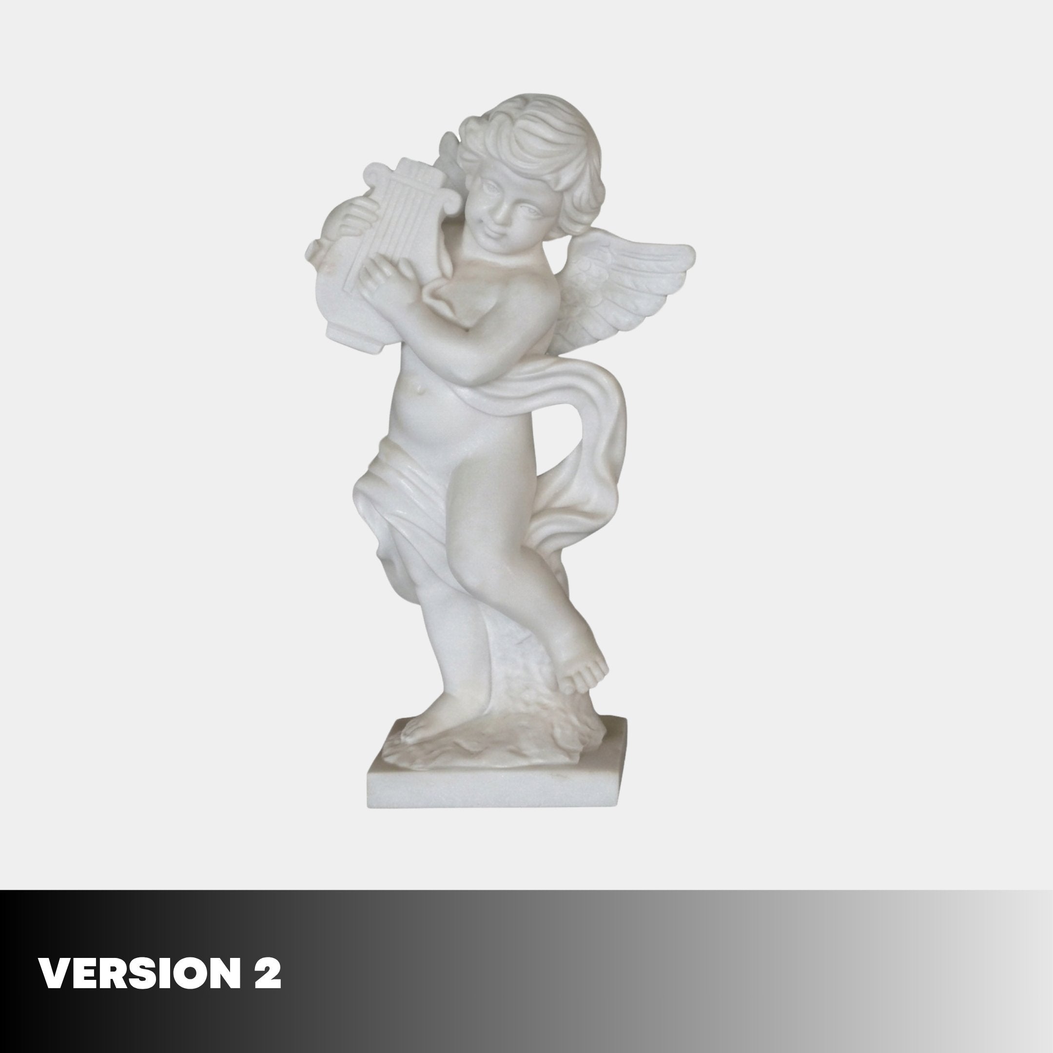 Little Angels Marble Outdoor Sculpture – Version 2 showing a winged angel boy holding a lyre, carved in white marble with flowing drapery on a square base, against a light grey background.