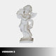 Little Angels Marble Outdoor Sculpture – Version 2 showing a winged angel boy holding a lyre, carved in white marble with flowing drapery on a square base, against a light grey background.