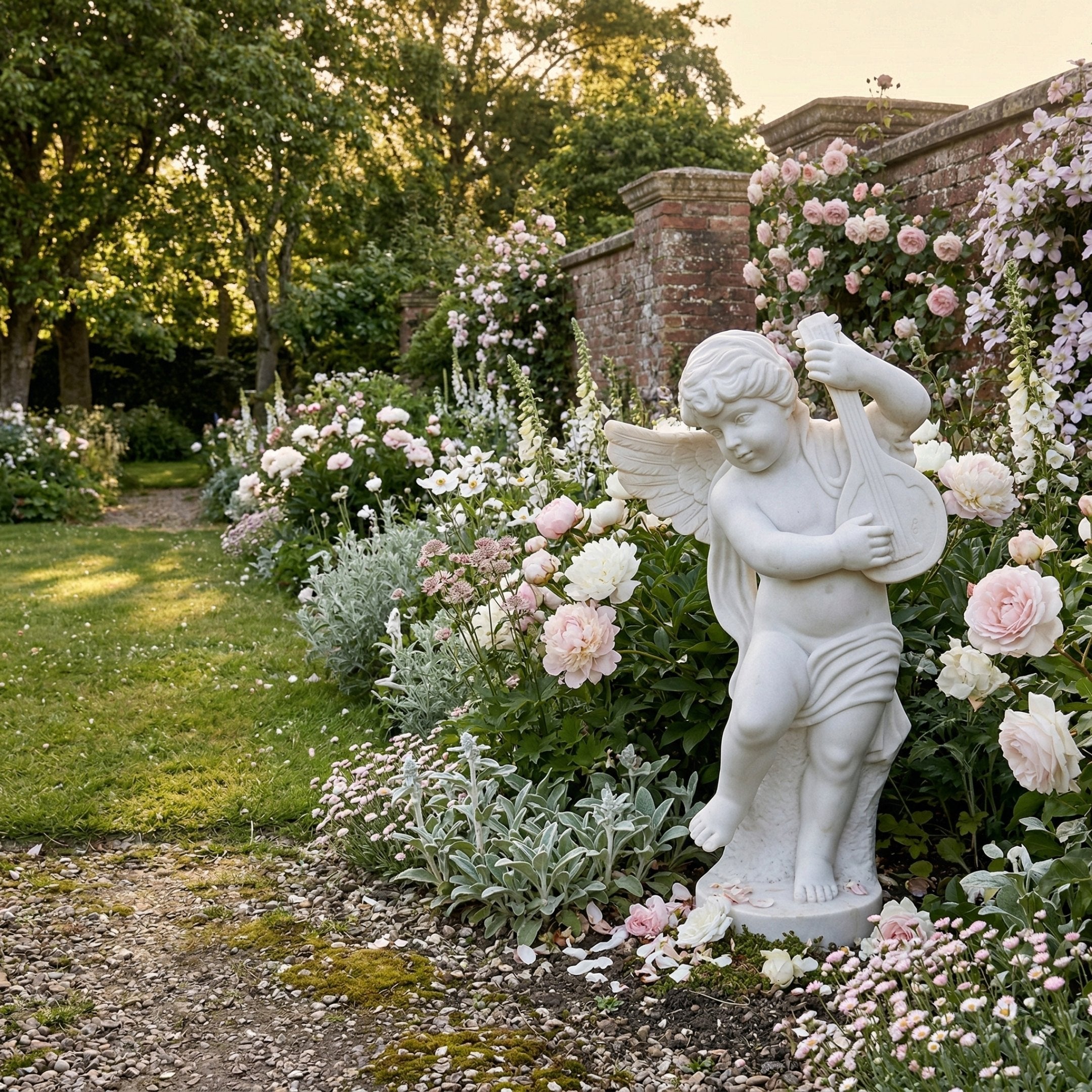 Little Angels Marble Outdoor Sculpture by Giant Sculptures, 80cm white marble winged cherub playing a lute, set in a lush garden border with pink roses and a brick wall.