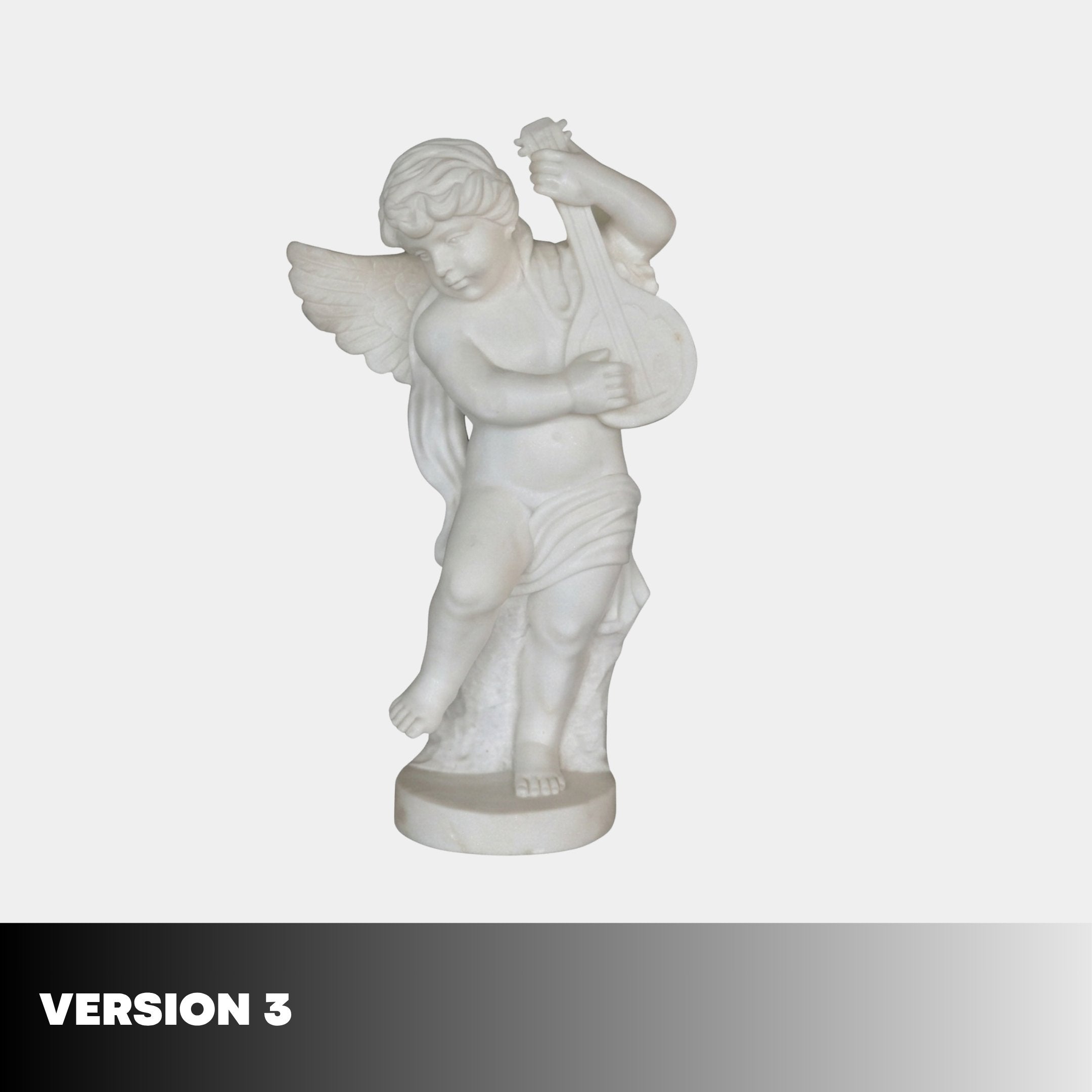 Little Angels Marble Outdoor Sculpture version 3 — white marble winged angel boy playing a stringed instrument, standing on a round base against a plain light background.