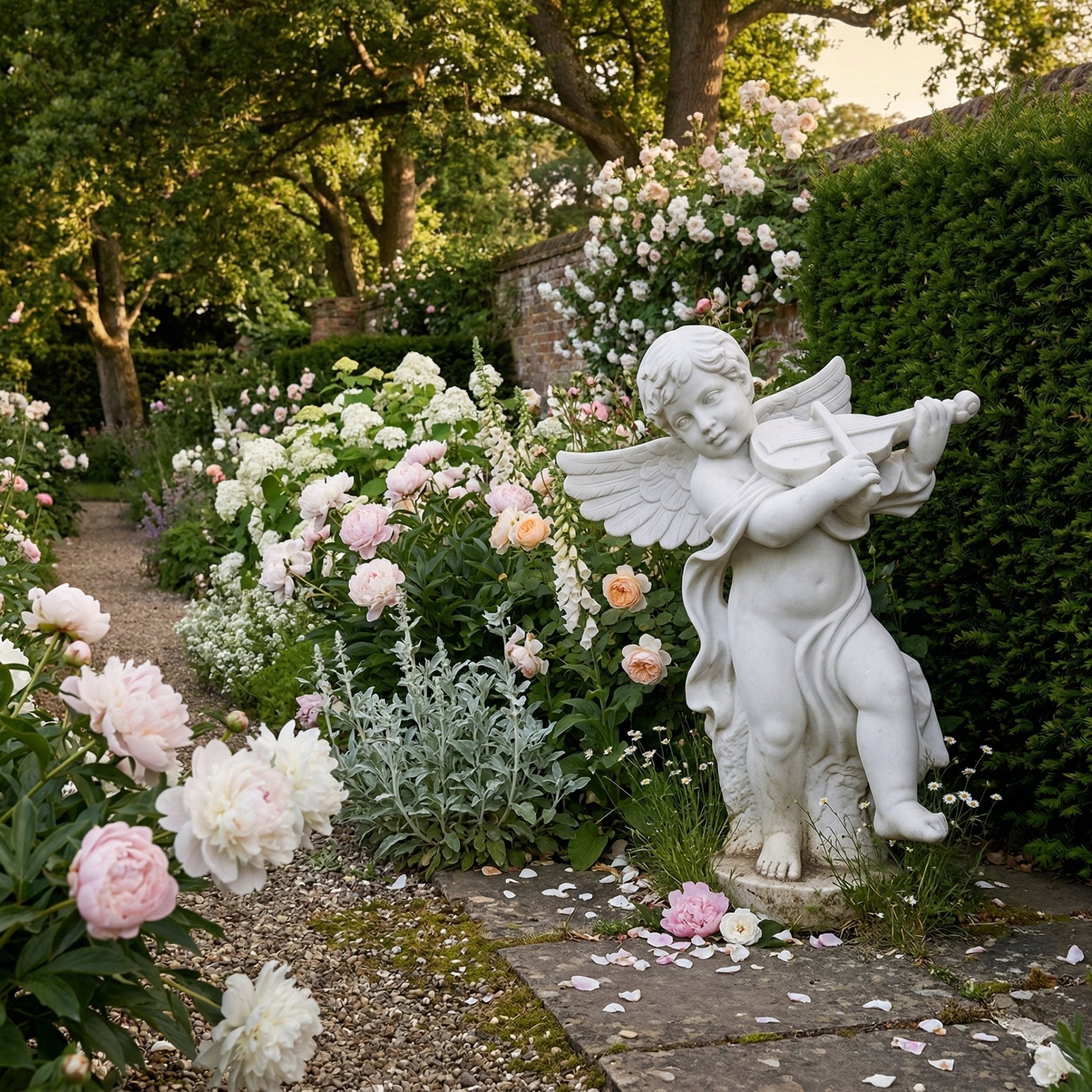 Little Angels Marble Outdoor Sculpture by Giant Sculptures, 80cm white marble winged angel boy playing a violin, set in a lush garden with pink peonies and climbing roses.