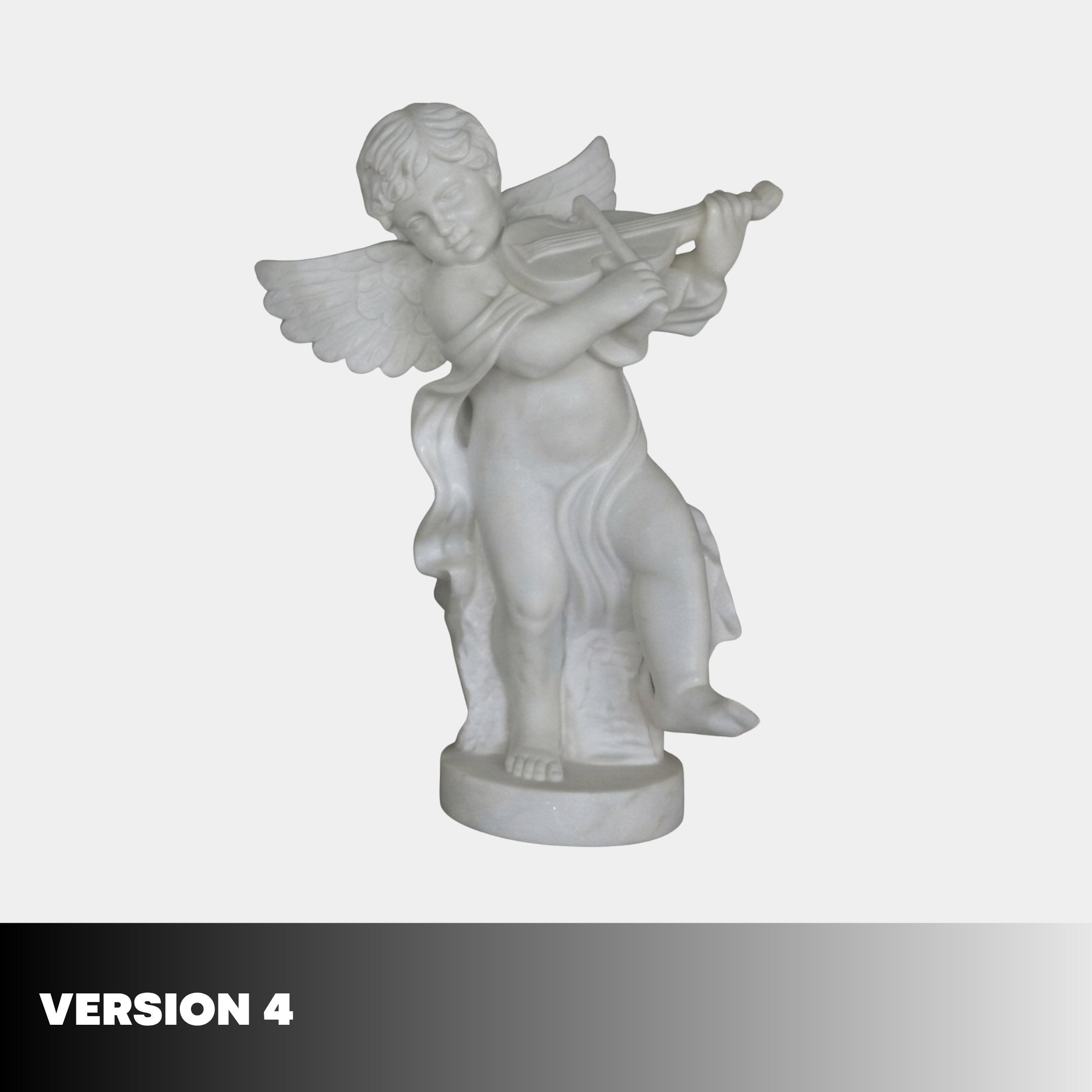 Little Angels Marble Outdoor Sculpture version 4 — white marble cherub playing a violin with detailed wings and flowing drapery on a round base, shown against a light grey background.