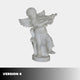 Little Angels Marble Outdoor Sculpture version 4 — white marble cherub playing a violin with detailed wings and flowing drapery on a round base, shown against a light grey background.