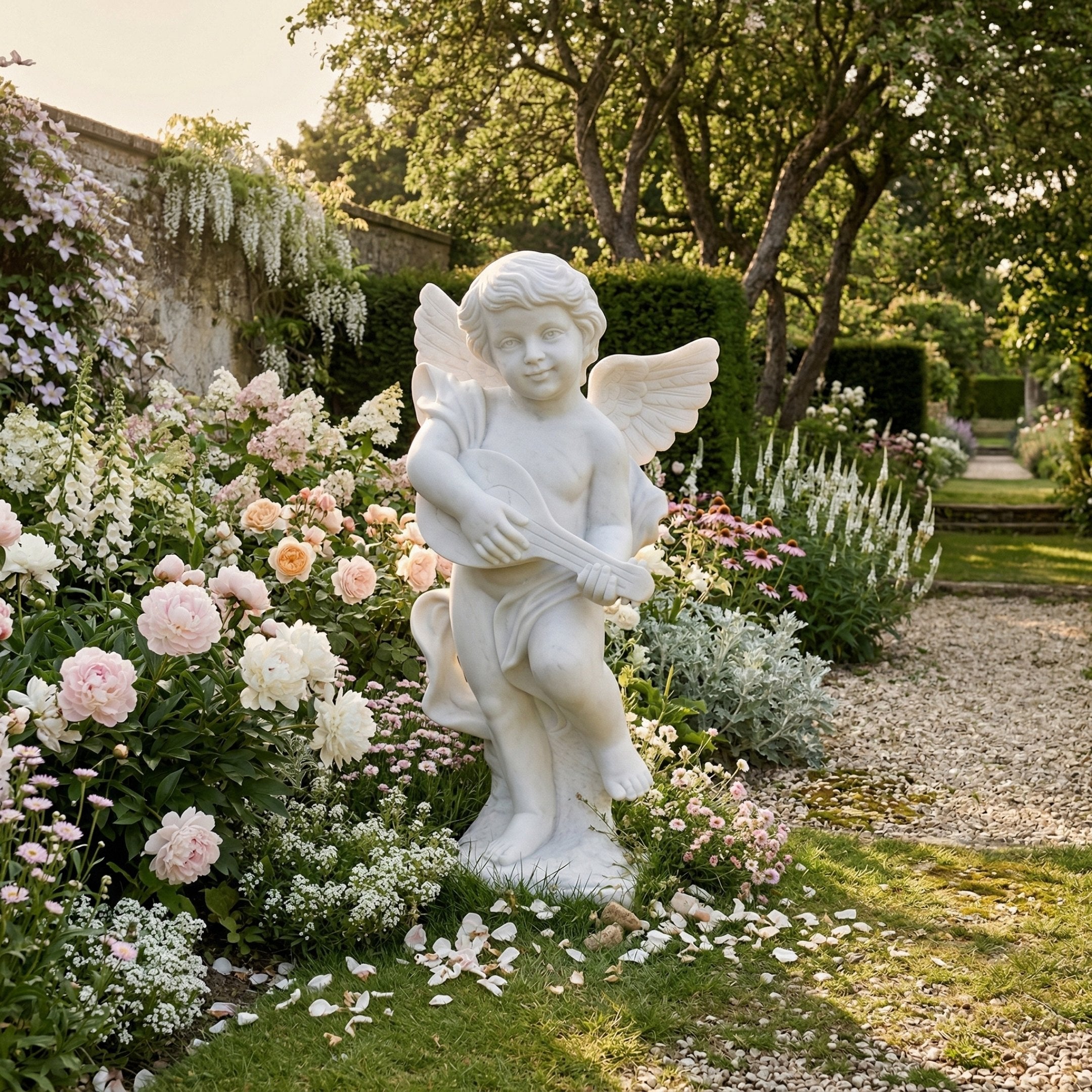 Little Angels Marble Outdoor Sculpture by Giant Sculptures, 80cm white marble winged angel boy holding a lute, set in a lush garden border with pink peonies and gravel path.