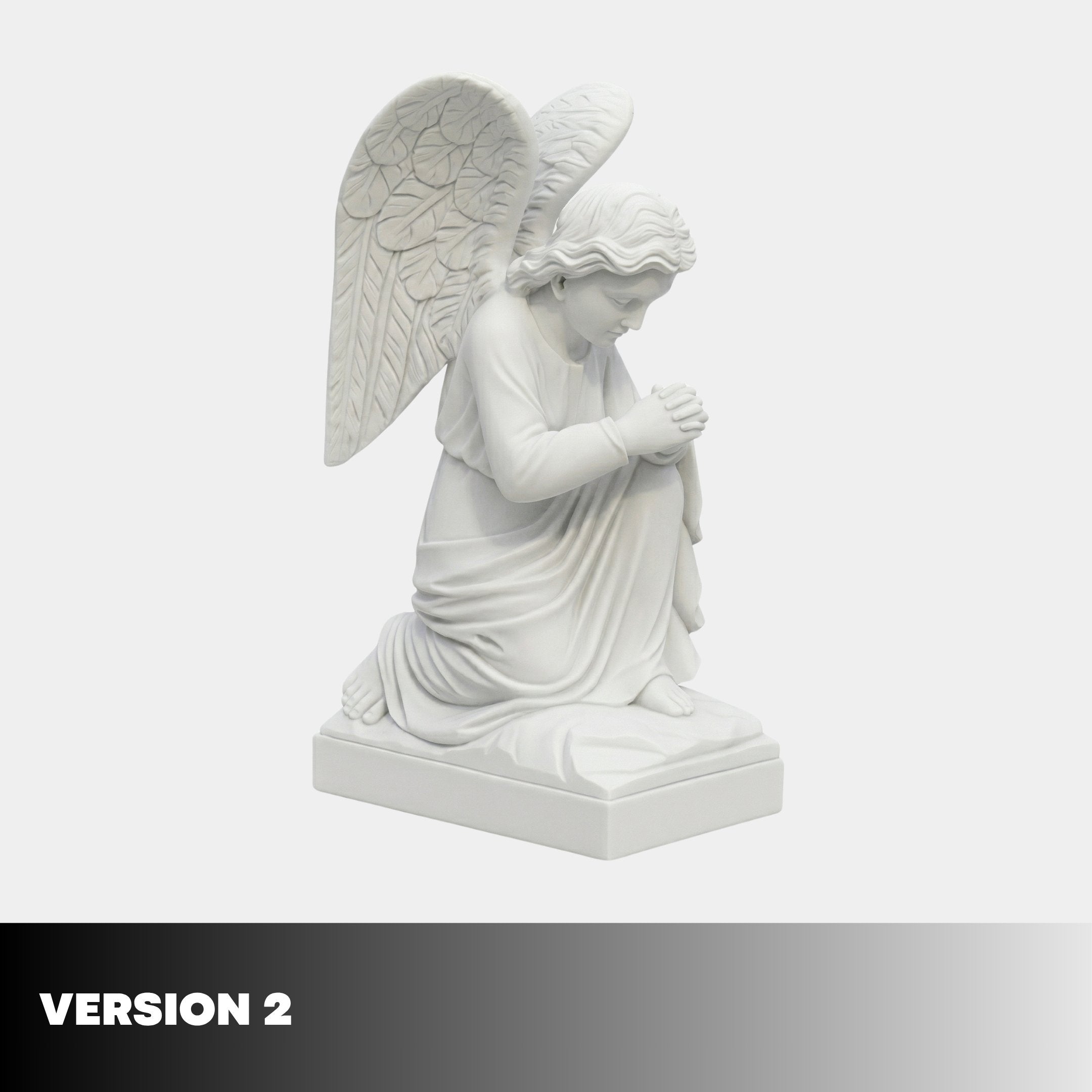 Praying Angel Marble Outdoor Sculpture by Giant Sculptures, showing a kneeling winged angel with clasped hands and bowed head in white marble on a square base, against a light grey background.